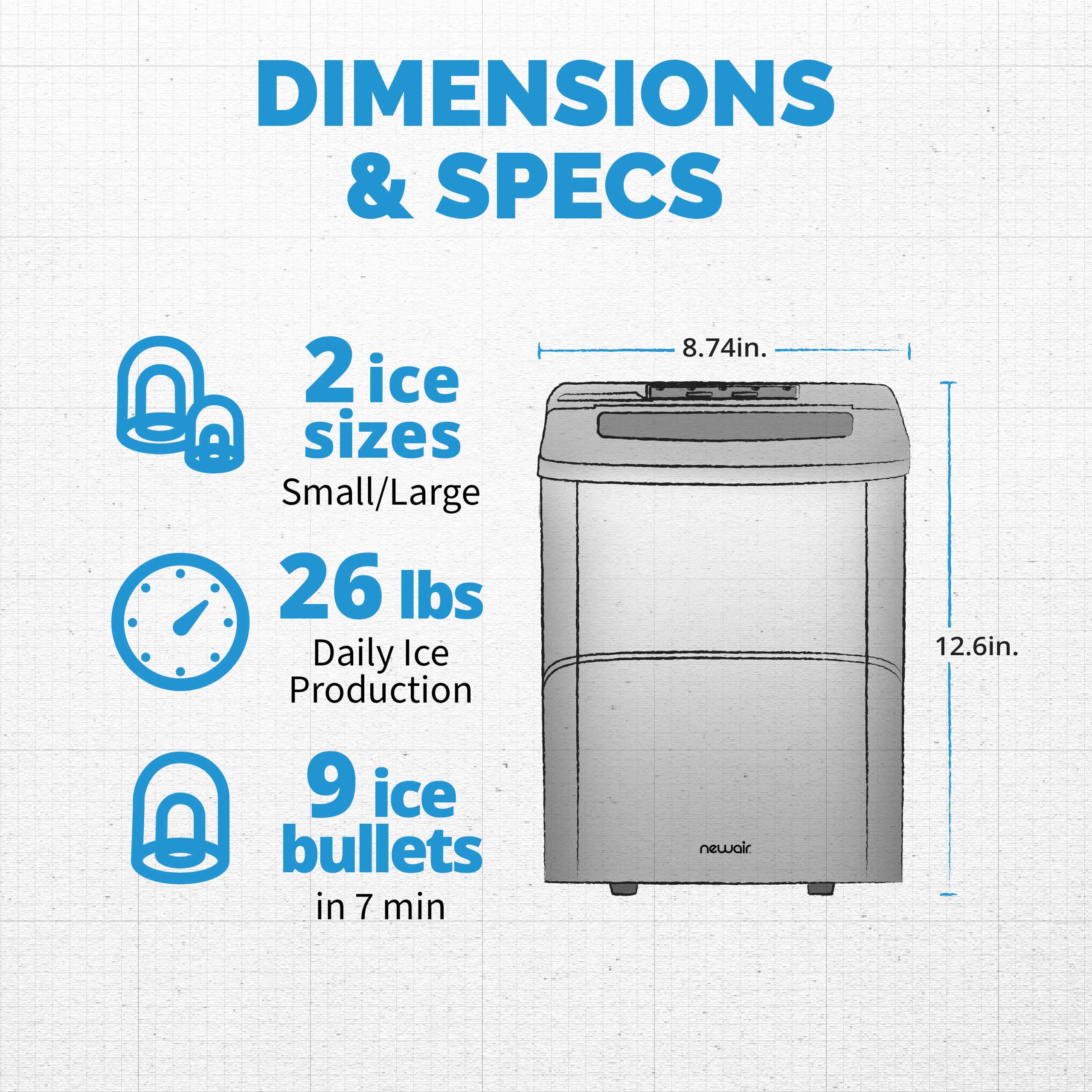 2025 Newair? IJsblokjesmachine voor het aanrecht. Bullet Ice, 26 lbs/dag �C Mat Zwart