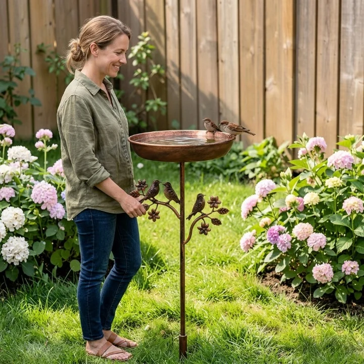 Vogeltr?nke f��r den Garten mit Erdspie? aus Metall in Kupfer-Optik �C Wetterfeste Vogelbadestelle f��r Wildv?gel und Beete
