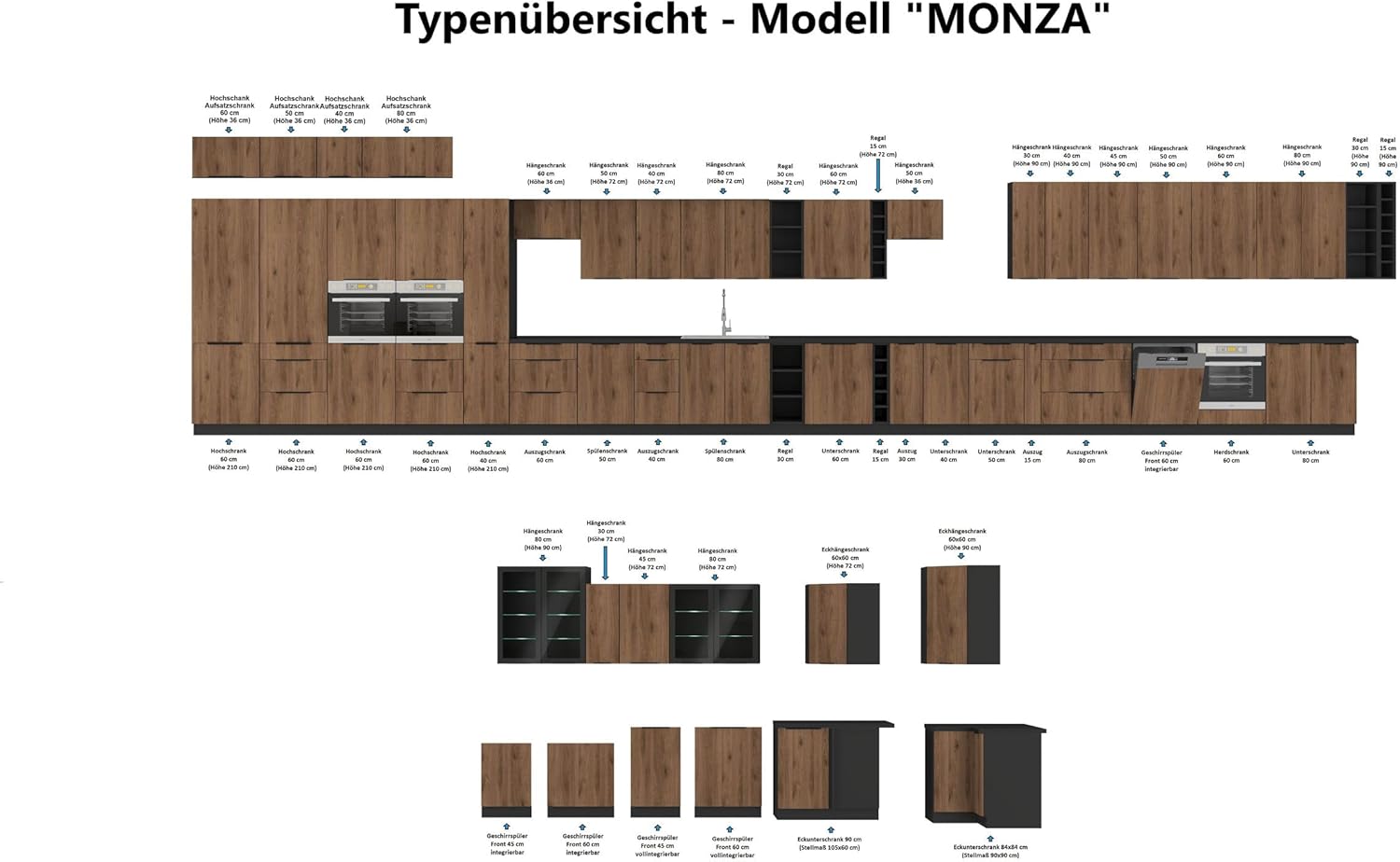 Kuechen-preisbombe Küche Arona + Monza Basic 280 cm Küchenzeile Küchenblock Einbauküche Kaschmir beige matt + Nußbaum + Schwarz matt