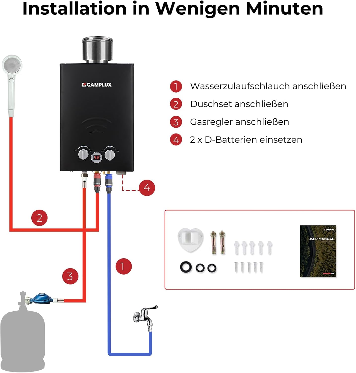CAMPLUX BW158BC-DE Tankless Gasdurchlauferhitzer mit Regenhaube, Tragbar LPG Durchlauferhitzer, 6 Liter, 12kW, 50mbar, Campingdusche