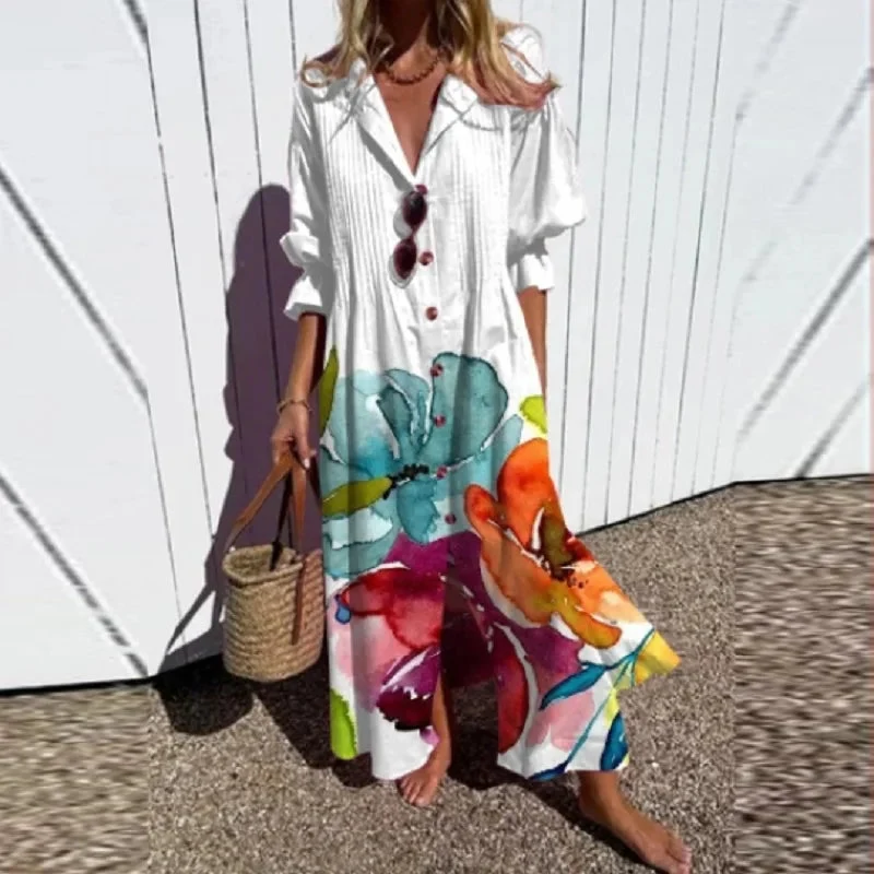 Damen Maxikleid mit Blumenmuster und V-Ausschnitt