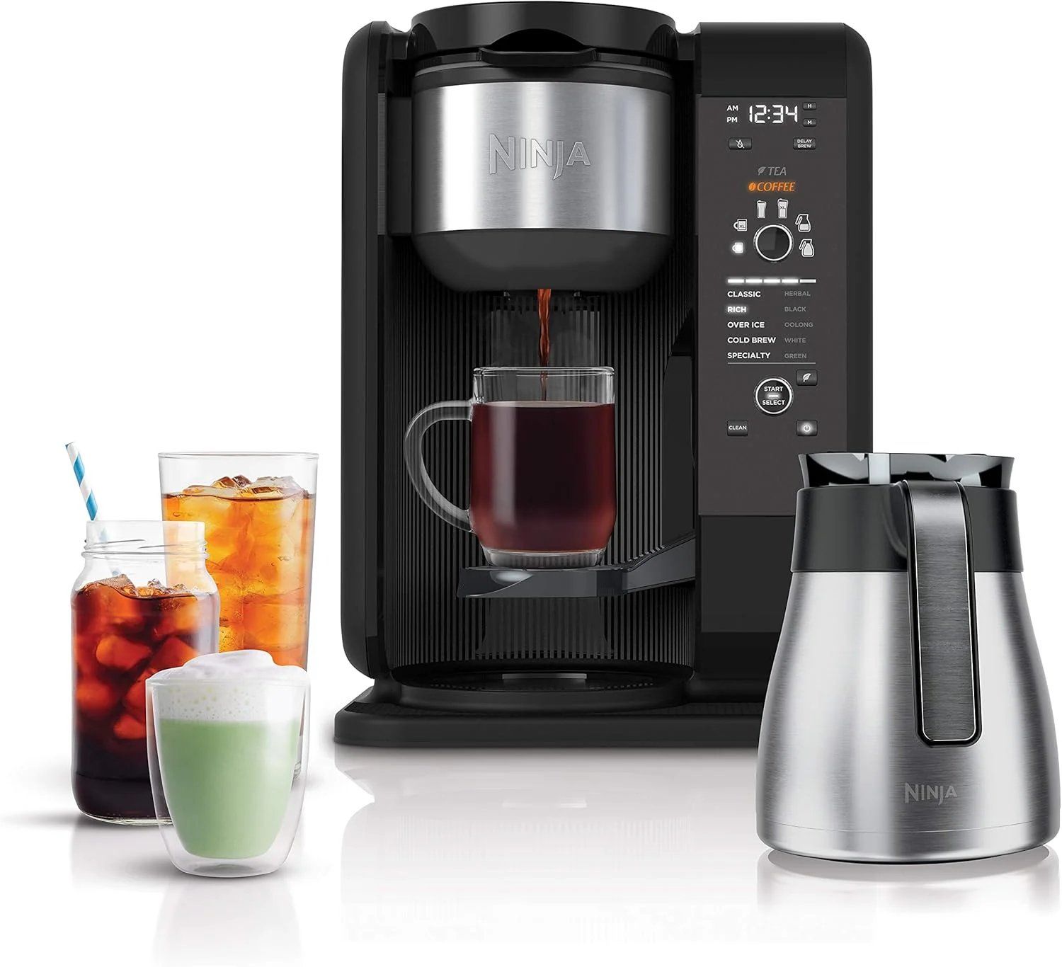 Ninja Hot and Cold Brewed System. Tea & Coffee Maker. with Auto-iQ. 6 Sizes. 5 Styles. 5 Tea Settings. 50 oz Thermal Carafe. Frother. Coffee & Tea Baskets. Dishwasher Safe Parts. Black. CP307