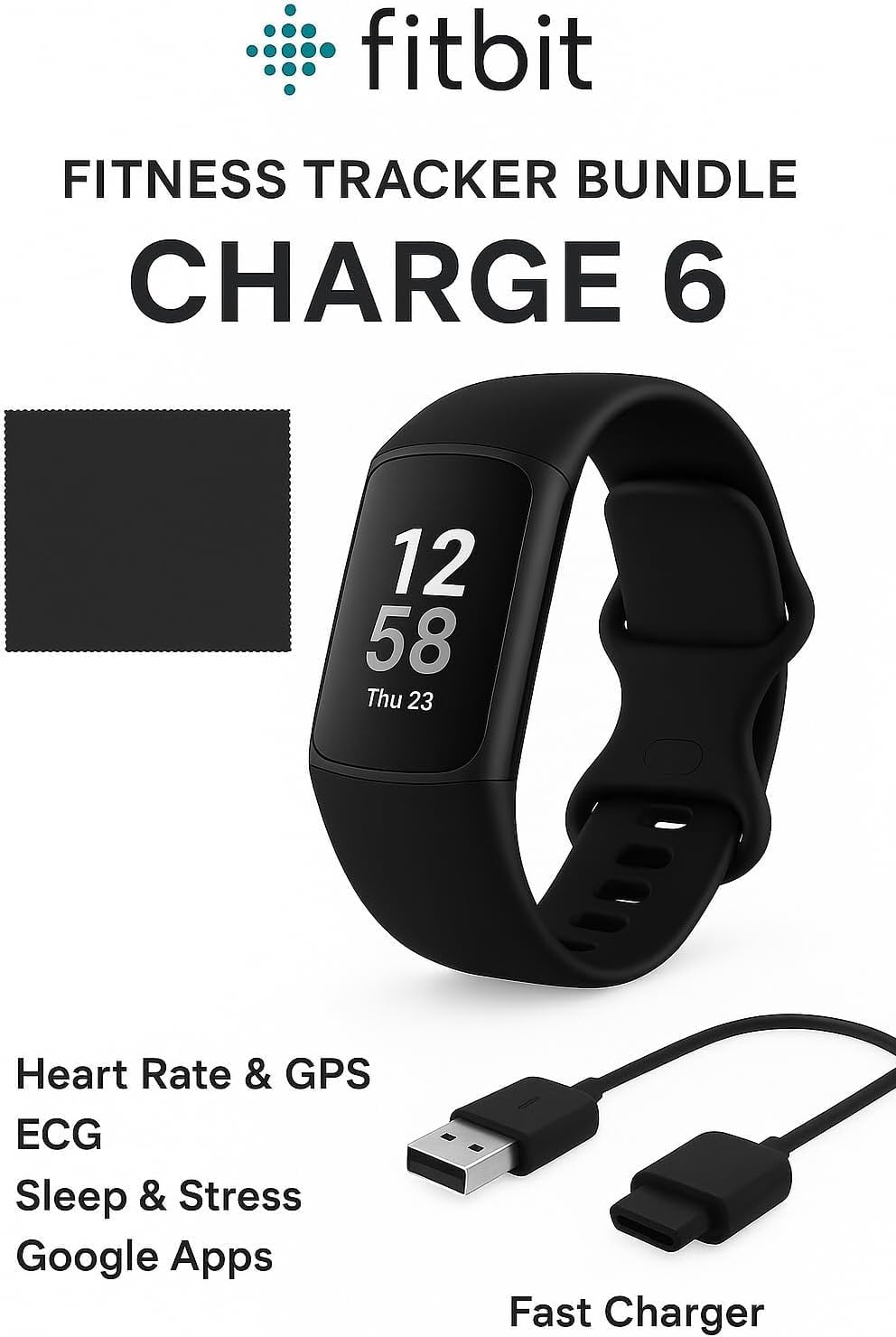 Fitbit Charge 6 Fitness Tracker (Bundle) - Schwarz/Obsidian - Herzfrequenz, GPS, Schlaf- & Stress-Tracking + Schnellladegerät & Reinigungstuch (Koralle)