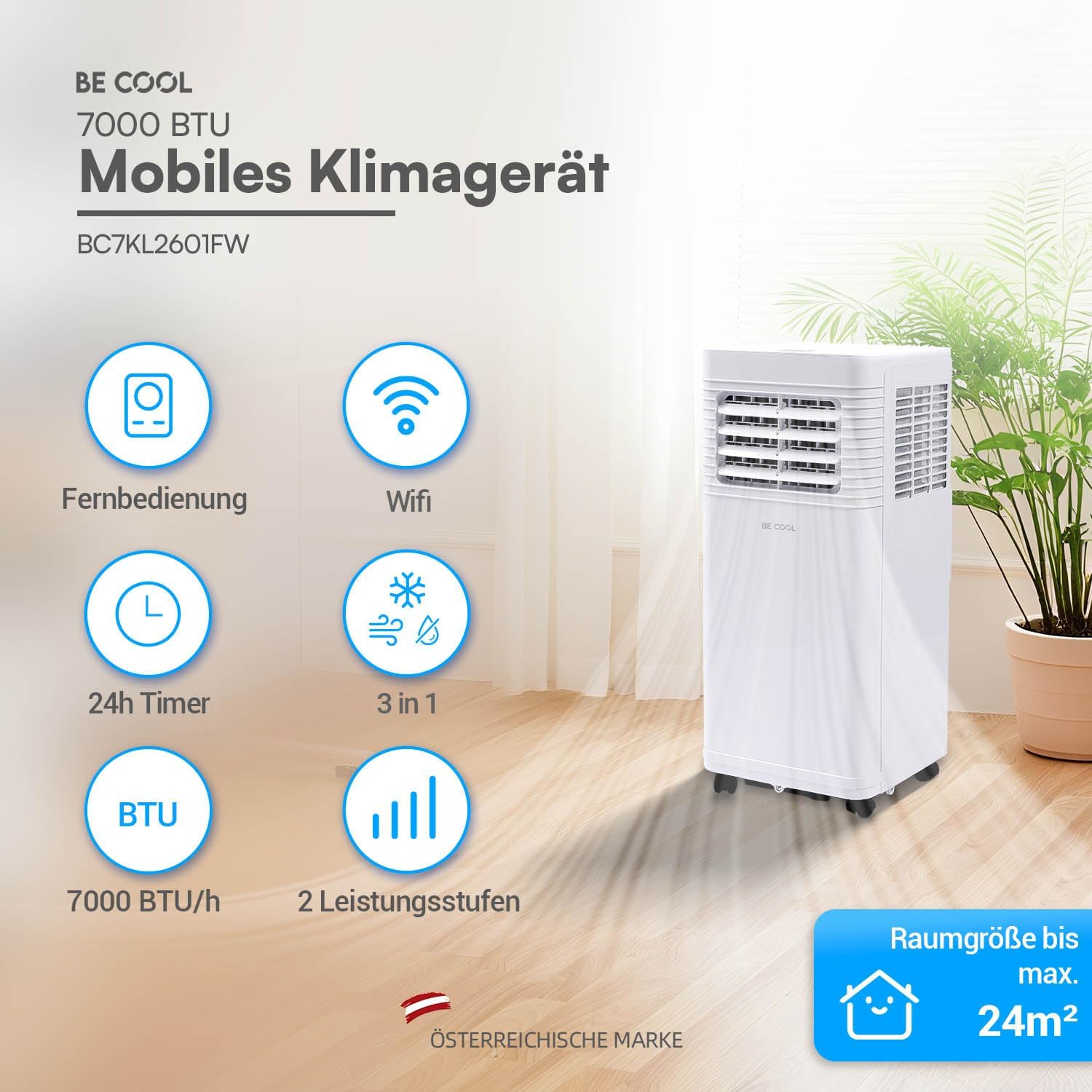 BE COOL Mobiles Klimagerät 7000 BTU mit WLAN, 3in1 Klimaanlage zum Kühlen, Entfeuchten & Lüften, für Räume bis 24 m², Fernbedienung, Timer, Schlafmodus, Energieklasse A, Weiß