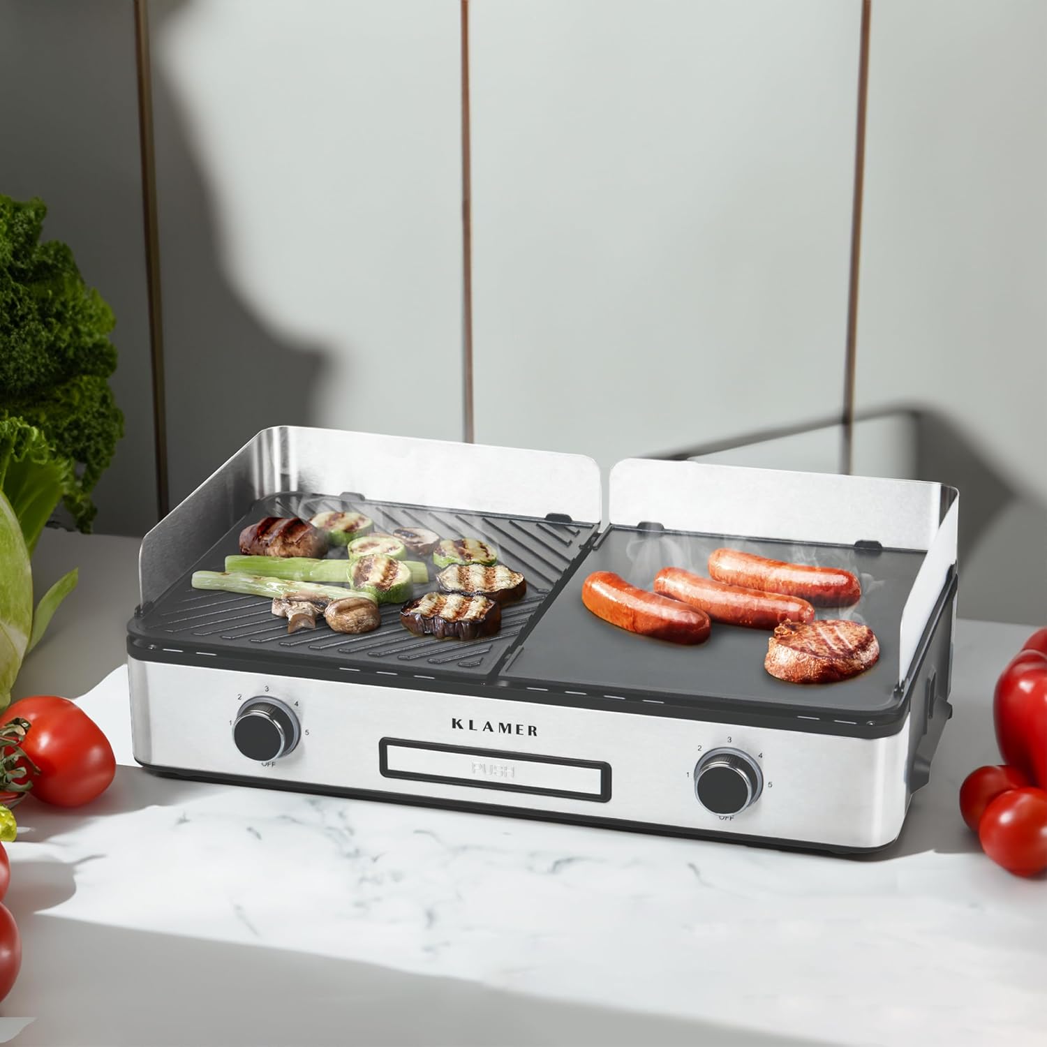 KLAMER Elektrogrill, antihaftbeschichtete und abnehmbare Duo-Platten, separate Temperatureinstellung, 5 Grillstufen, mit Wind-/ Spritzschutz & Auffangschale