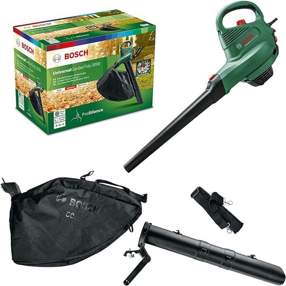 Bosch elektrische bladzuiger/-blazer UniversalGardenTidy 3000 (3000 W, opvangzak 50 l, traploze toerentalregeling, voor het blazen, zuigen en versnipperen van bladeren, in kartonnen verpakking)