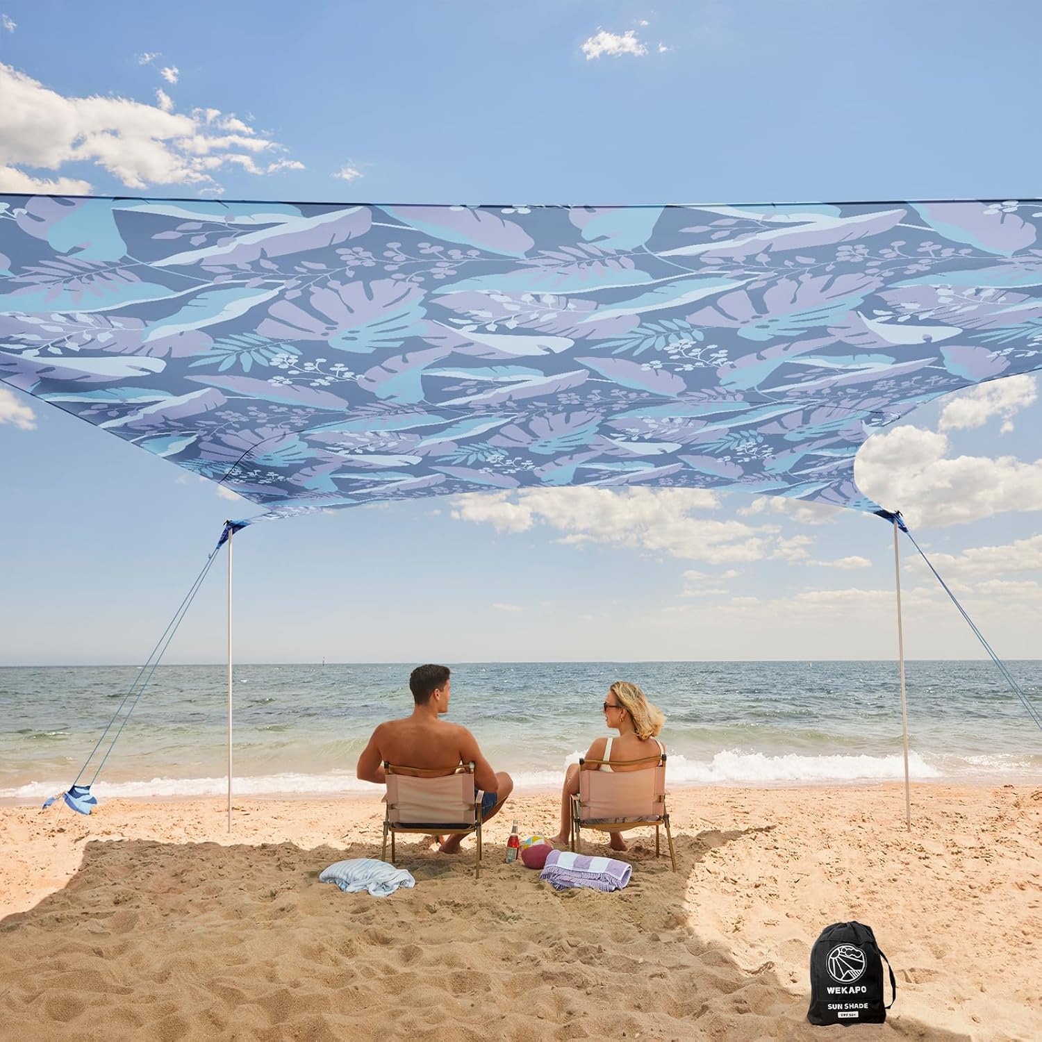 WEKAPO Strandzelt, Sonnenschutz, einfach aufzubauen, Strandüberdachung mit 4 stabilen Stangen, großen Sandsäcken und Schaufel, 2,3 m hoch, winddichter Sonnenschutz für Garten und Camping, UPF 50+