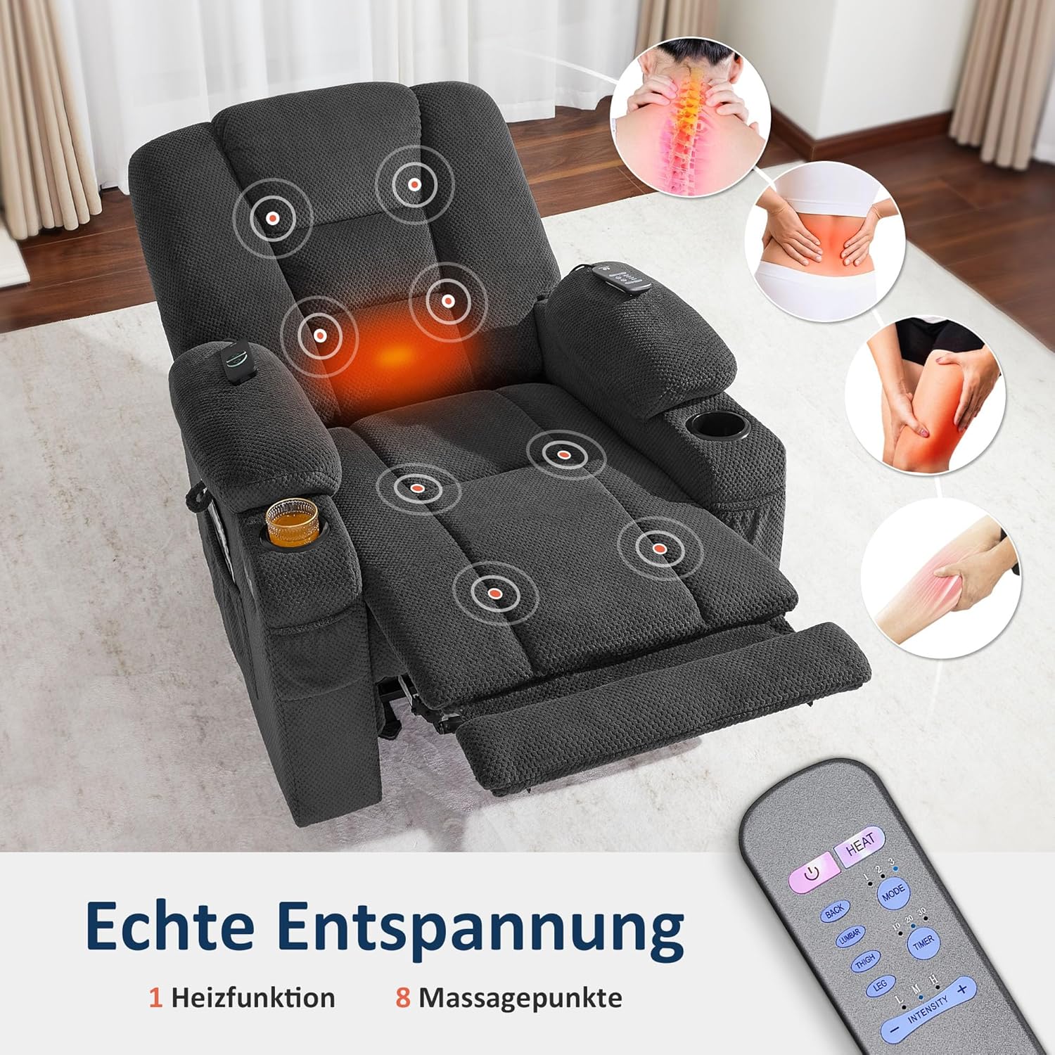M MCombo Fernsehsessel elektrisch verstellbar, Relaxsessel mit Liegefunktion, TV Sessel mit Massage & Wärmefunktion, USB & Getränkehalter, 35D Vollschaum-Sitzkissen 7008 (Stoff, Dunkelgrau)