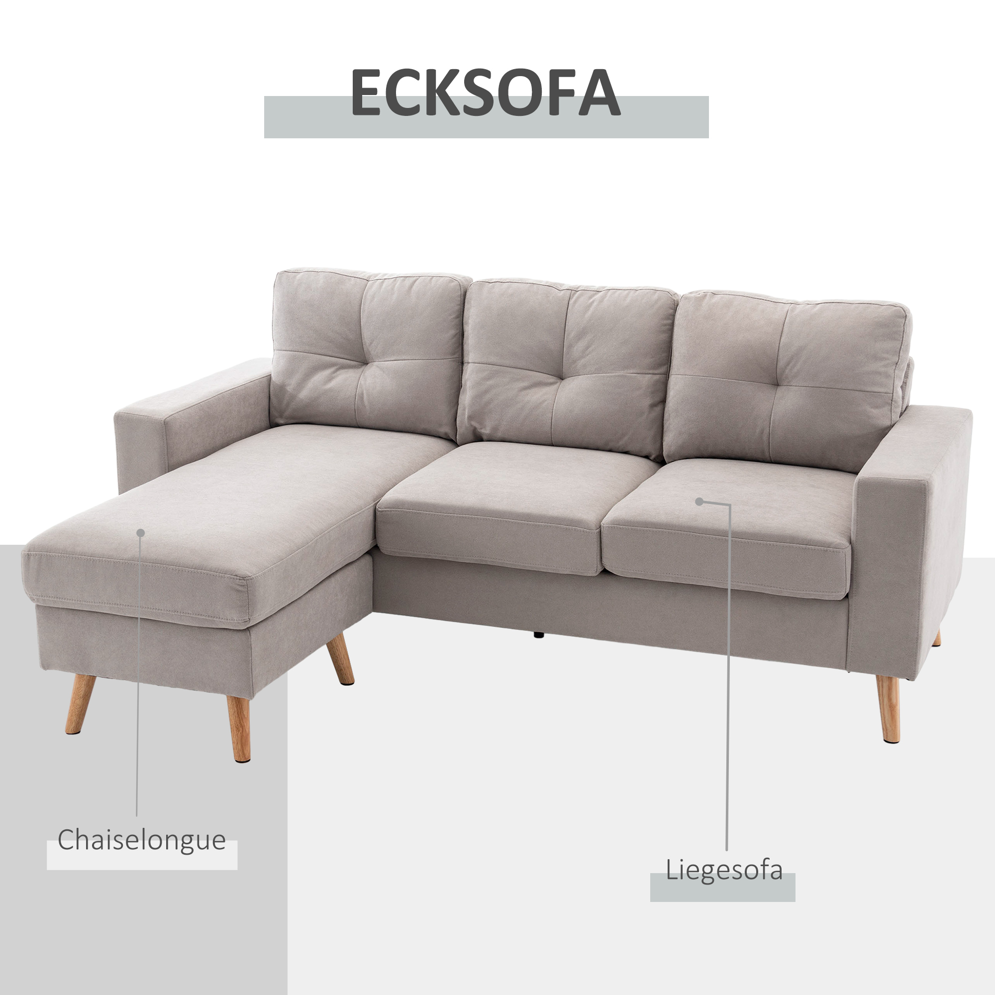 3-zits hoekbank, linnenlook, omkeerbare chaise longue, 193x136x85 cm, lichtgrijs
