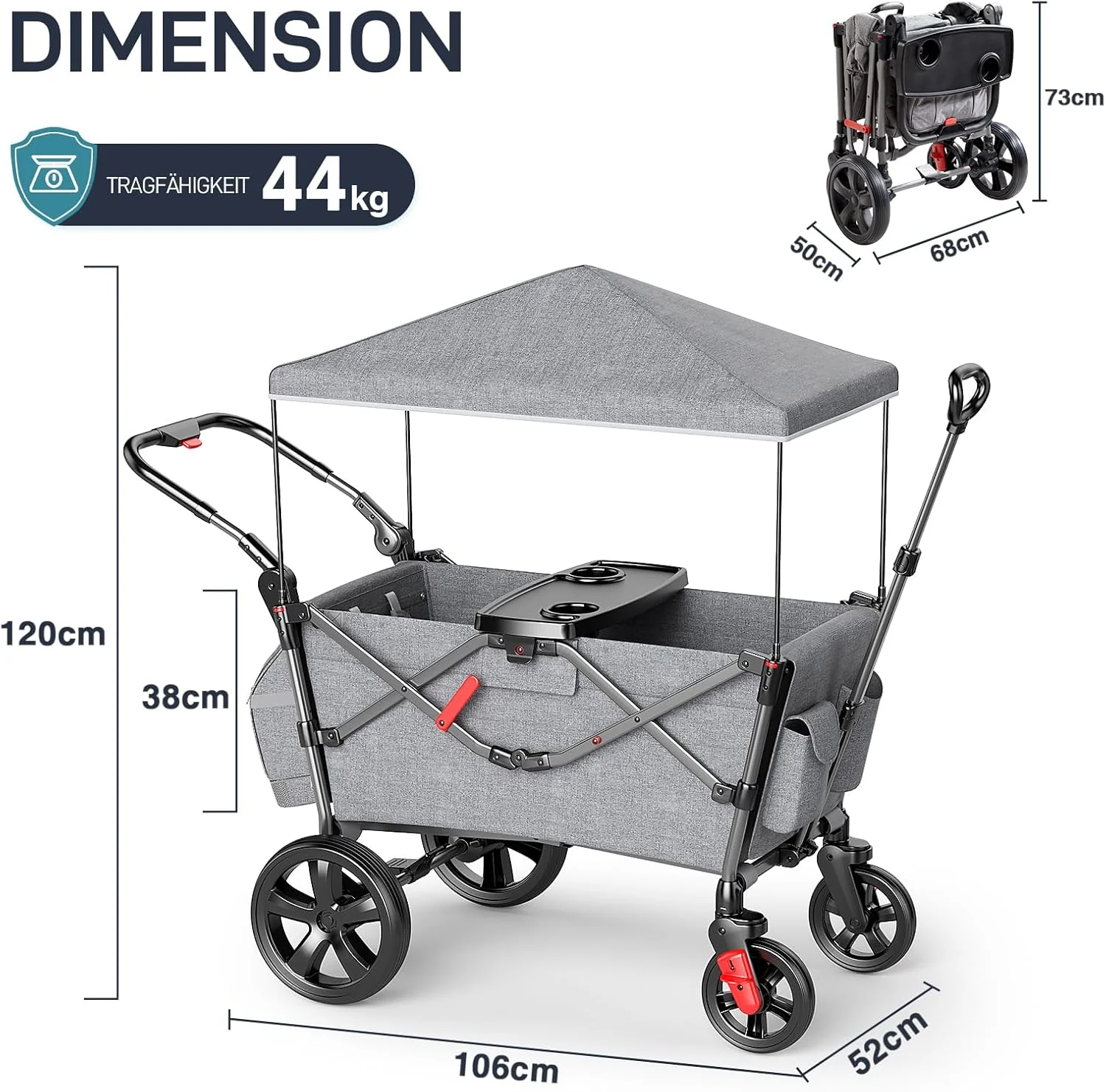 EVER ADVANCED Bolderkar voor 2 kinderen Opvouwbaar met dak, kinderwagen 2x5-punts veiligheidsgordel met luiertas, bolderkar met zitje, handwagen transportwagen, trekken & duwen, voetrem
