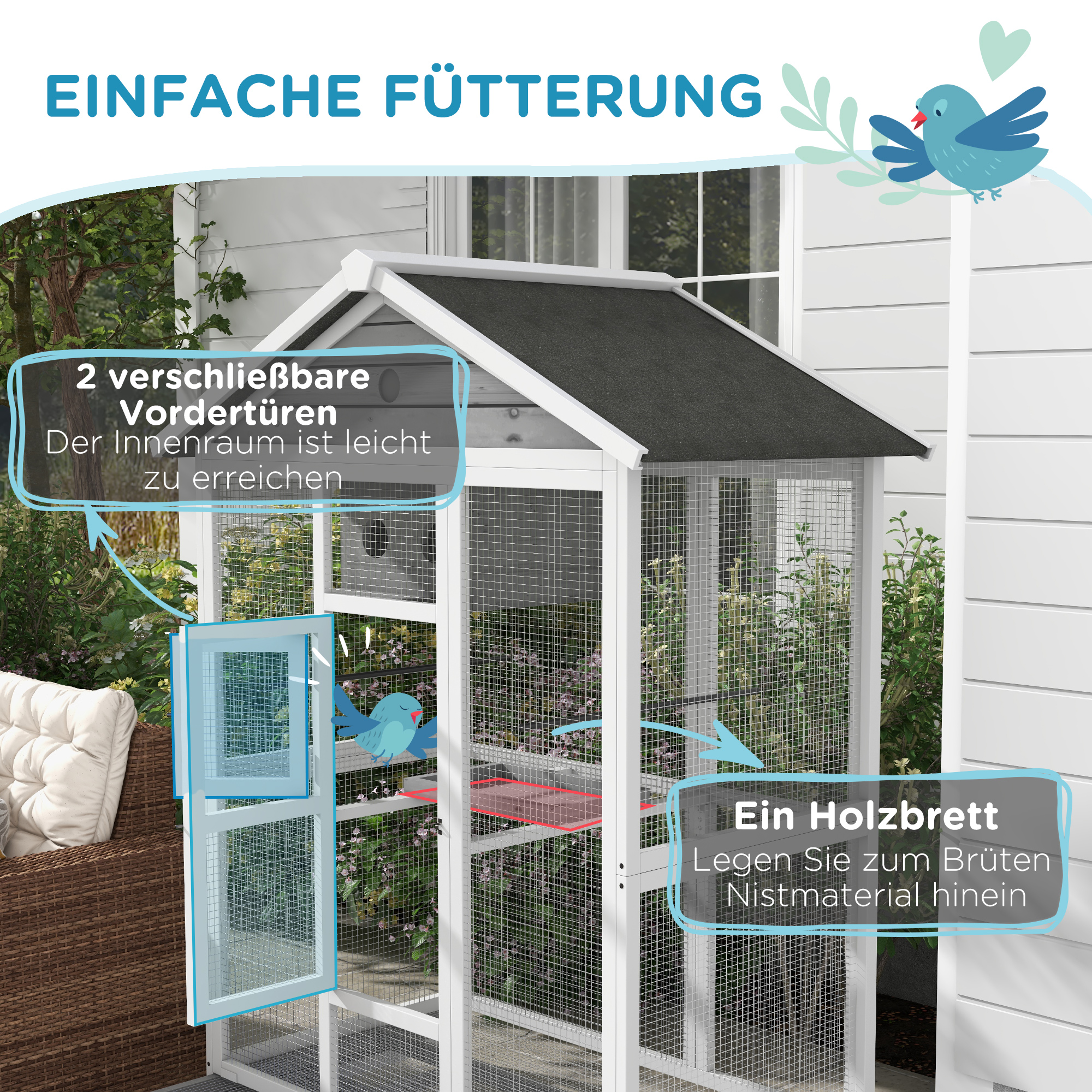 PawHut Houten vogelkooi met 4 zitstokken, asfaltdak, waterdicht, 112 x 68 x 154 cm