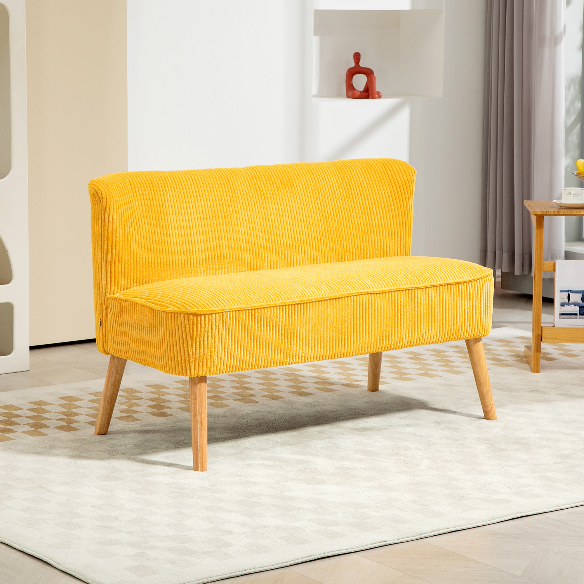 Tweezitsbank in elegant Scandinavisch ontwerp, stevig houten frame, tot 150 kg, 117 x 56,5 x 77 cm, Geel