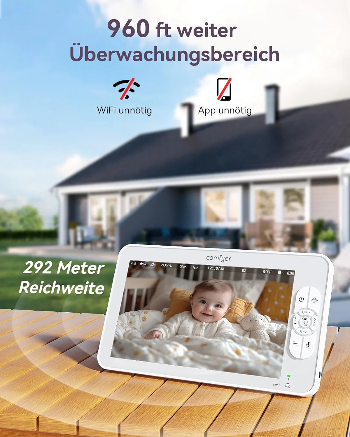 Comfyer Split-Screen Babyphone mit 2 Kameras, 7 HD 720P Video Babyphone ohne WLAN mit Halterung, IR-Nachtsicht Weitwinkelobjektiv Vox-Modus 2-Wege-Audio 960 Fu? Reichweite Video��berwachungsger?te