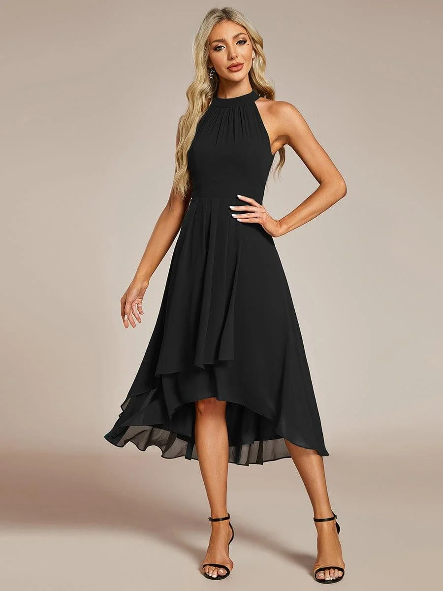 Damen Chiffon Midi-Kleid in A-Linie | Festliches Halterneck Kleid mit Plissee-Details | Sommerliches Kleid f��r Hochzeitsg?ste
