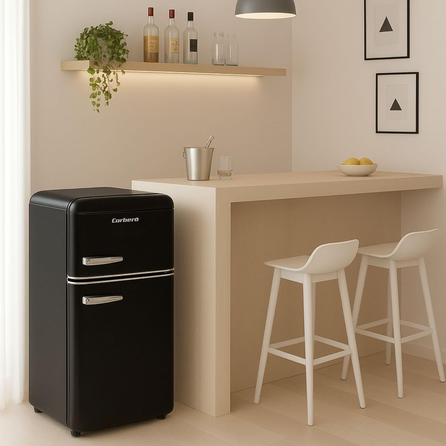 Corbero – Retro Static Refrigerator | CF2PG90RN | Fridge 86L + 26L Freezer | Interior Light | Crisper Drawer | Manual Defrost | Glass Shelves | Leveling Legs | Black