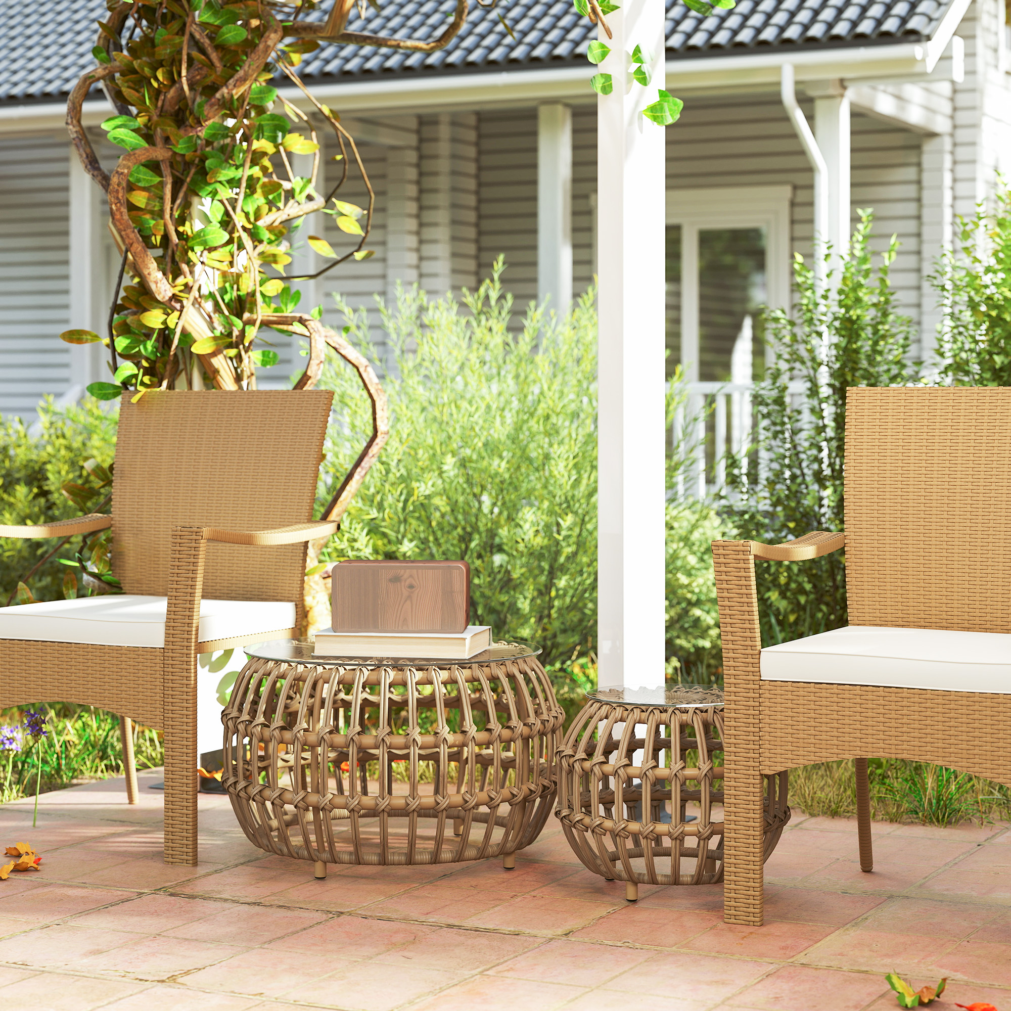 Outsunny 2-delige Set Bijzettafels Polyrattan ?66/42 cm Rond Weerbestendig met Glazen Blad - Bruin