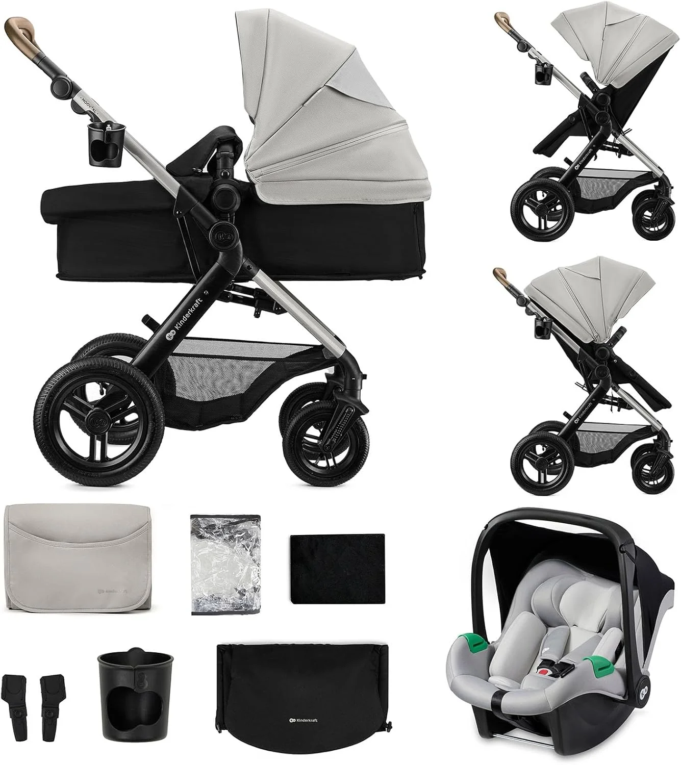 Kinderkraft MOOV XL 3 en 1, Carrito bebé hasta 27 kg, Carro, Con Asiento I-SIZE 40-75 cm, Plegable, Amortiguación, Convertible, Capazo XL, Con accesorios, Gris Claro