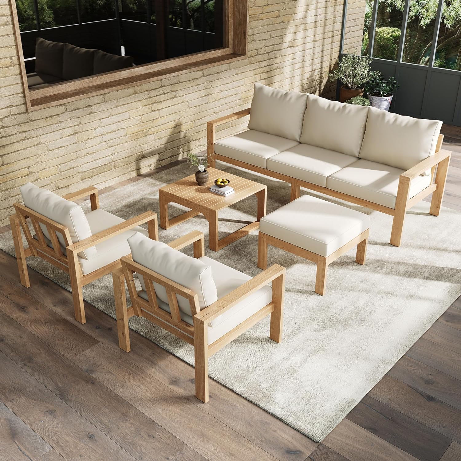 Mrwoo Gartenmöbel-Set für 4-6 Personen,Robuster Akazienrahmen,Komplett mit Dreisitzer 2 Einzelstühlen Fußhocker und Couchtisch,Natur Creme,Zeitlos Elegant,Ideal für Garten und Terrasse