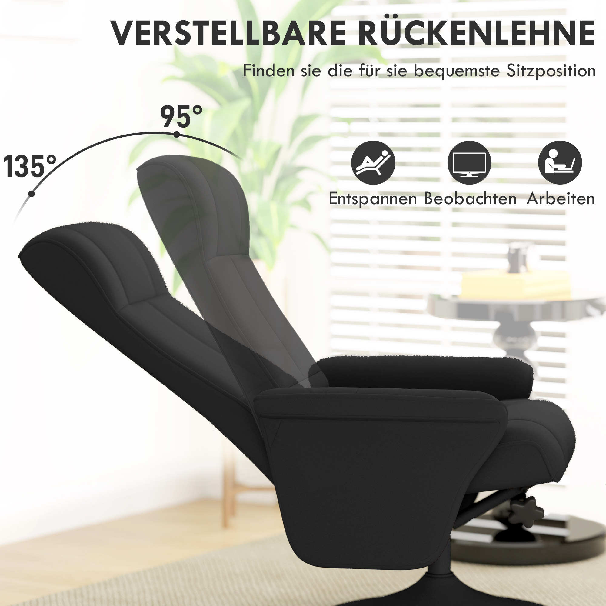 Polsterfauteuil, Accentstoel met Voetenbank, Draaibaar, Ergonomisch, Microvezeldoek, tot 150 kg, Zwart