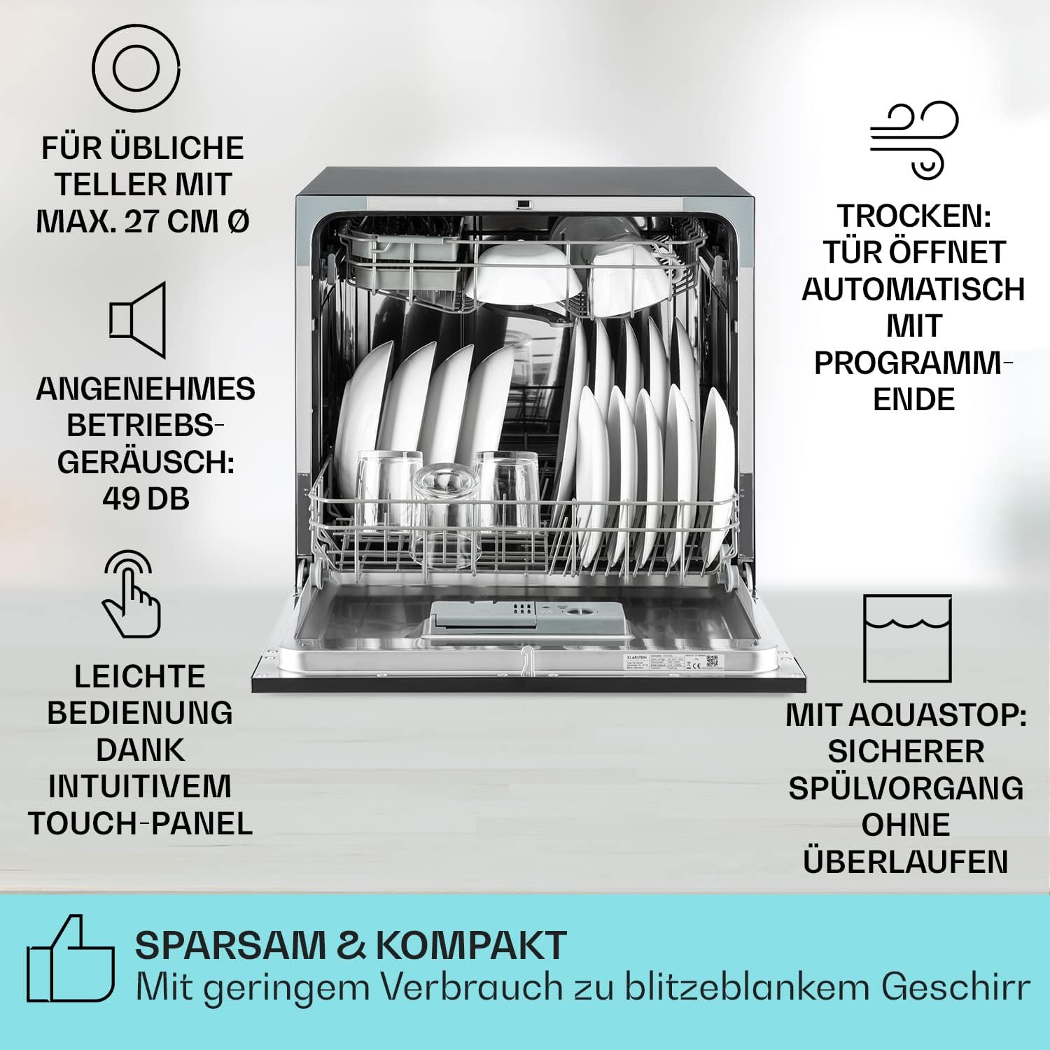 Klarstein  ia 8 - Spülmaschine, Geschirrspüler, Freistehend, Teilintegriert, F, 55 cm breit, 8 Maßgedecke, 6 Programme, Aquastop, silber