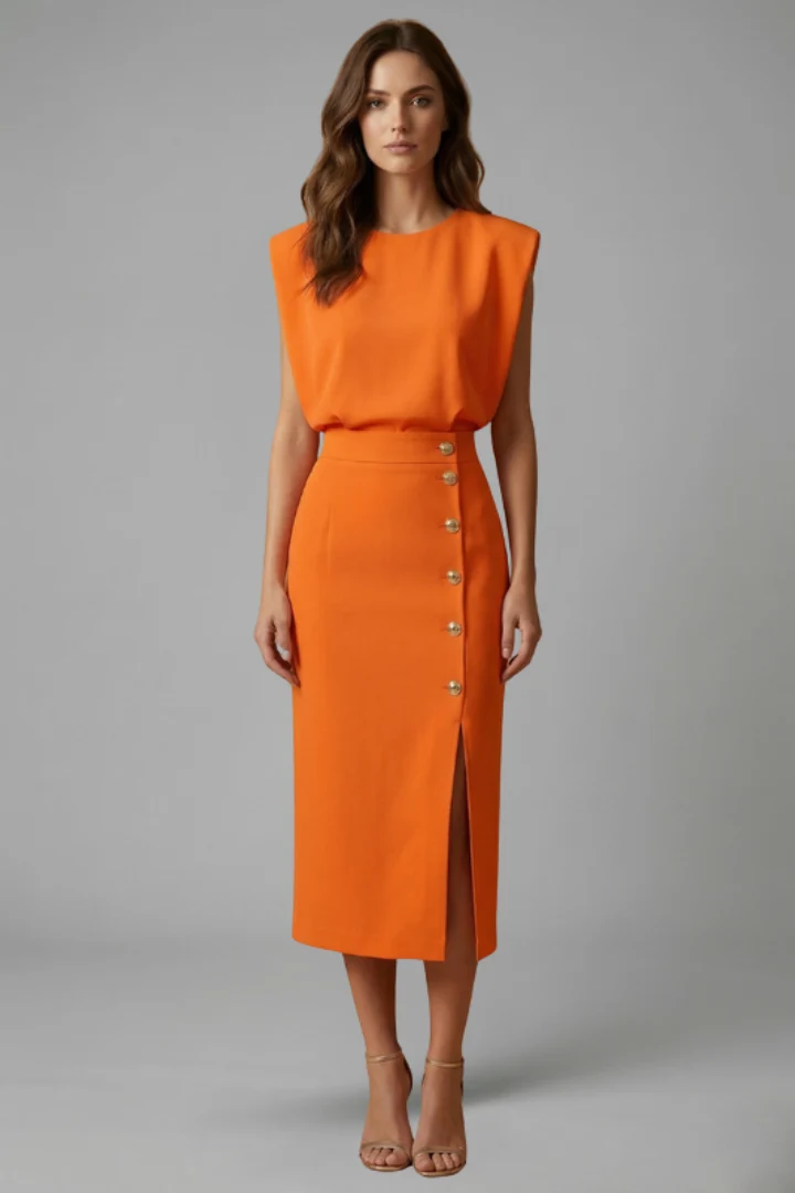 Damen Midikleid mit Rundhalsausschnitt und seitlichem Schlitz | ?rmelloses Kleid mit Knopfleiste und tailliertem Schnitt