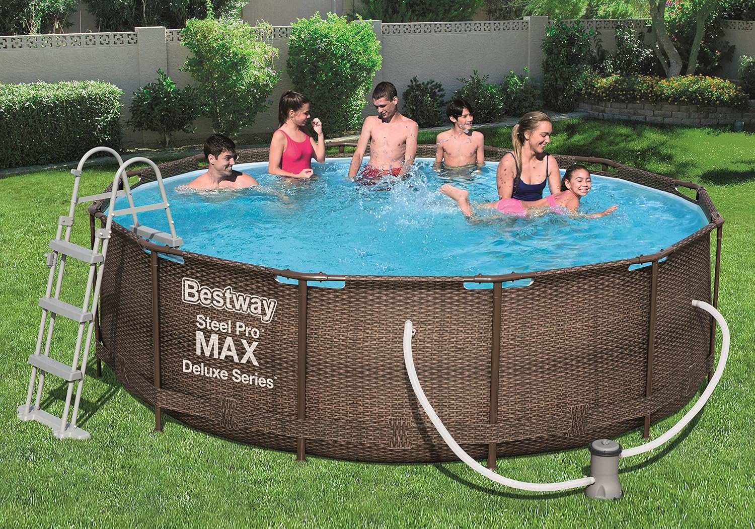 Bestway Power Steel Deluxe 366 x 100 cm, Piscina Redonda con Marco de Acero Estable en Juego Completo, ratán, Color Marrón
