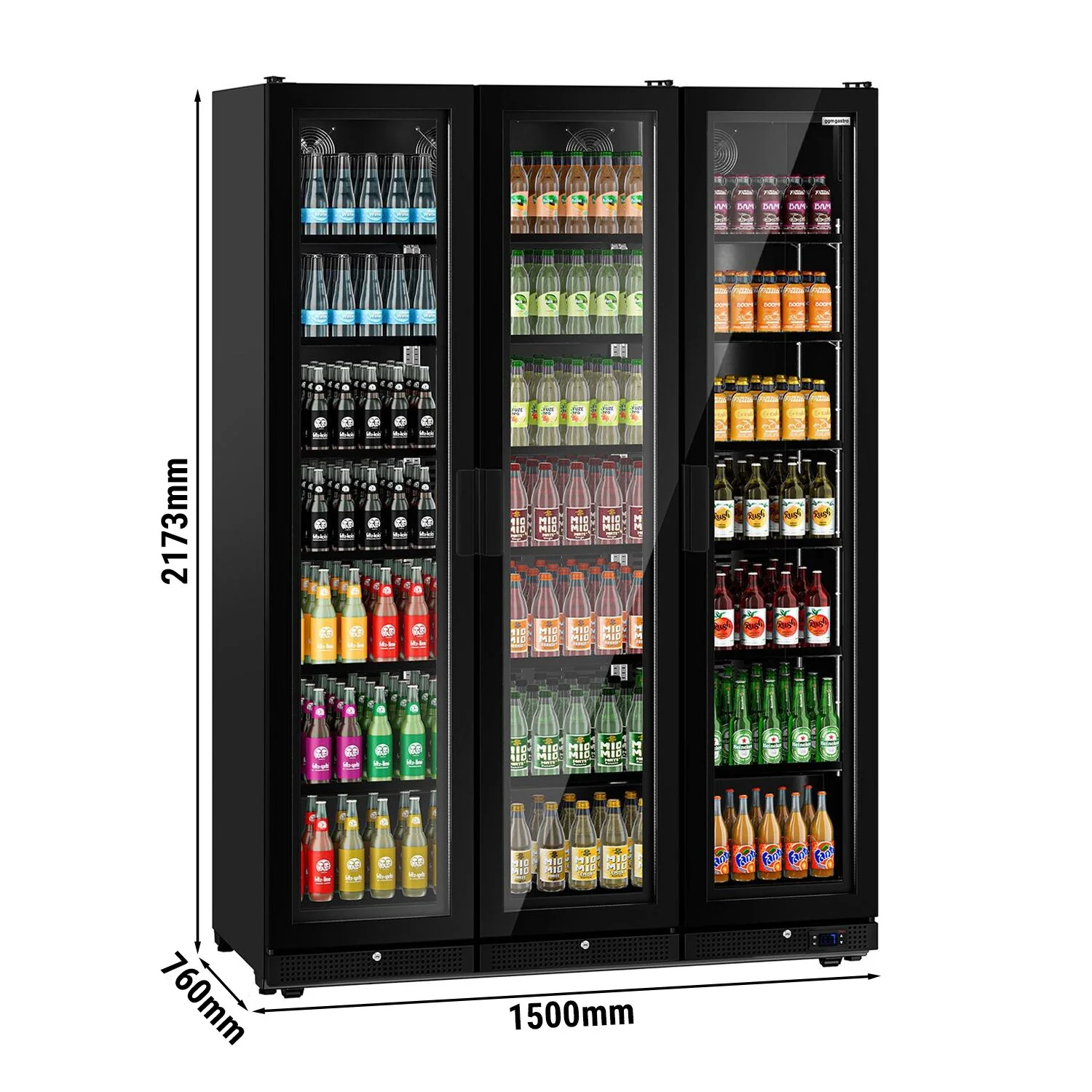 Kjøleskap med glassdør - 1 500 mm - 1 552 l - med 3 glassdører & LED-belysning - svart