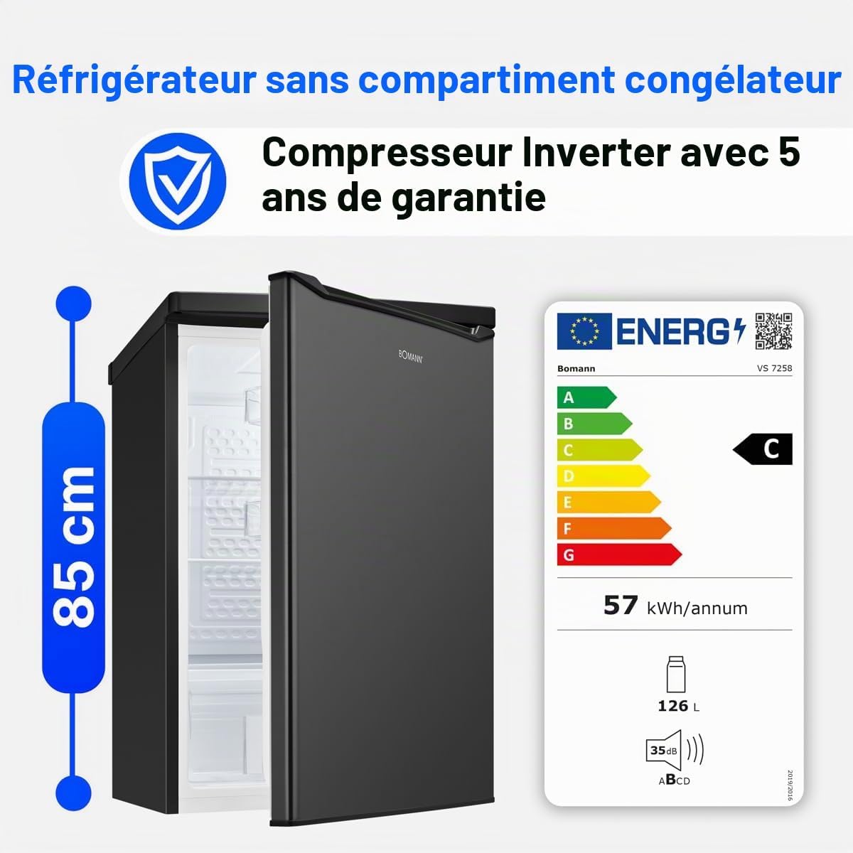 Bomann Réfrigérateur 126 L VS 7258, Classe C, Éclairage LED, Noir | réfrigérateur pose libre, éclairage LED, clayettes en verre, contrôle de la température