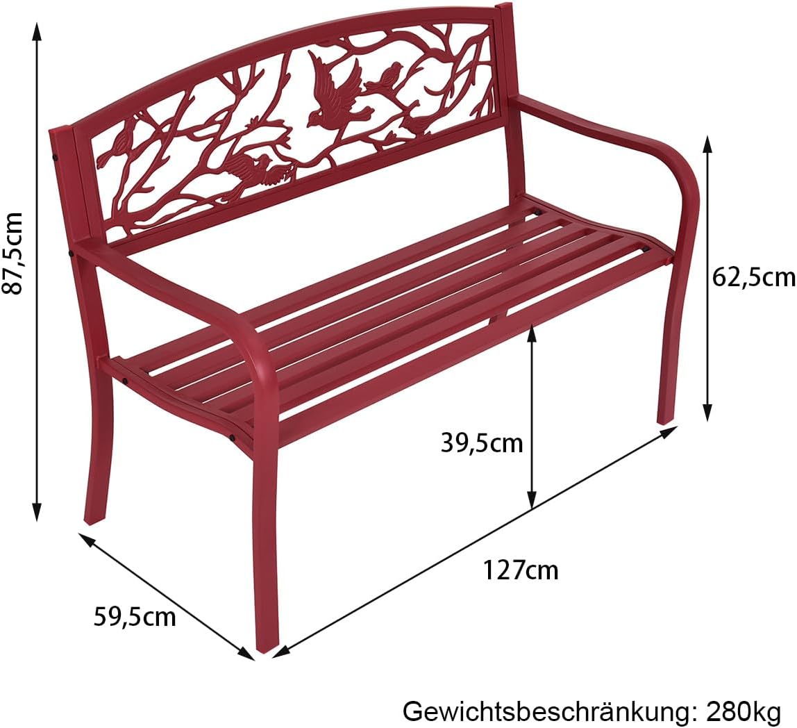 GIANTEX Gartenbank 2 Sitzer, Parkbank aus Metall, Eisenbank bis 280 kg belastbar, Terrassenbank mit Rücken- & Armlehnen, Sitzbank im Retro-Stil für Garten, Balkon, Terrasse, 127 x 59.5 x 87.5 cm rot