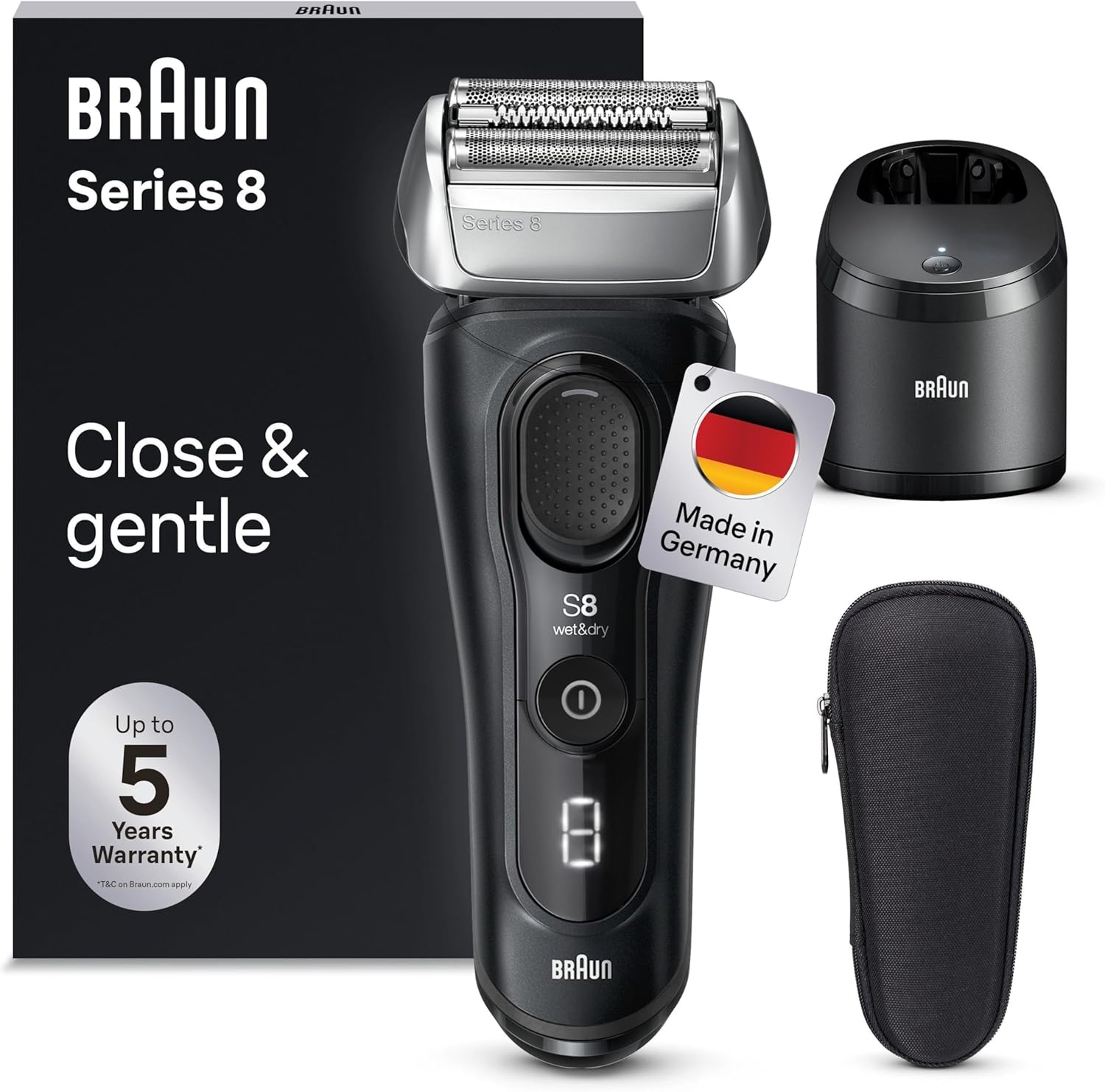 Braun Series 8 Rasierer Herren Elektrisch mit 4+1 Scherkopf, Elektrorasierer, Präzisions-Langhaarschneider, Reinigungsstation, 60 Min Laufzeit, Wet & Dry, Made in Germany, 8560cc, schwarz
