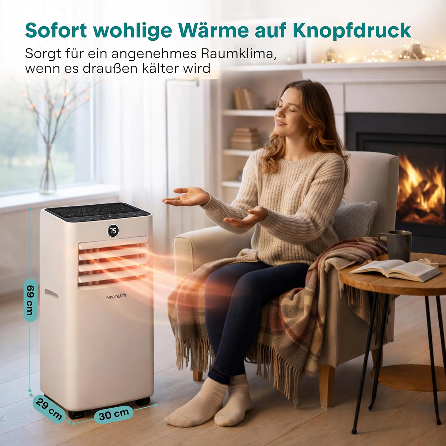 SereneLife Klimaanlage 7000BTU 2.05kW- 4-in-1 Mobiles Klimagerät mit WLAN, Heizen, Entfeuchten, Ventilator für Räume bis 28 m², inkl. Abluftschlauch und Fensterkit, 24h- Timer, 54db