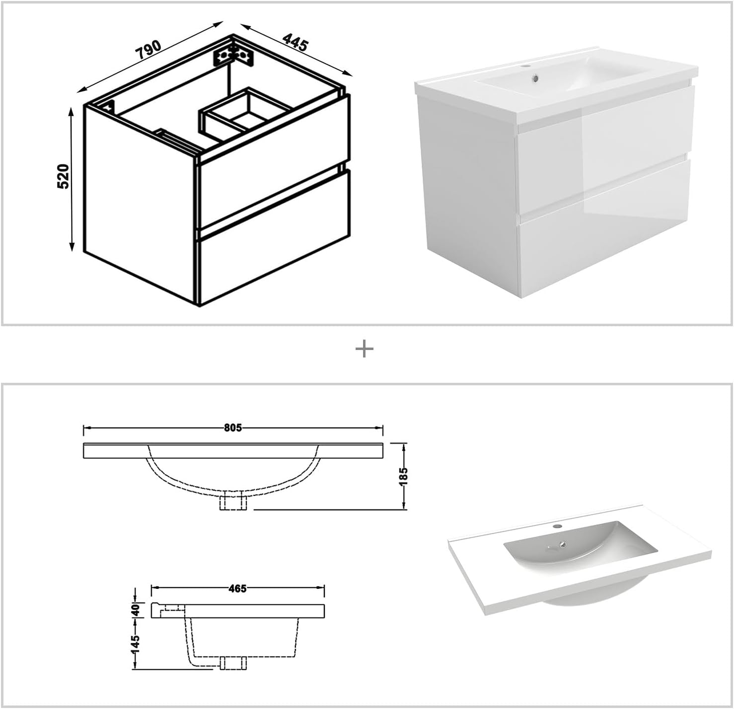 Badezimmermöbel 80cm Keramik Waschtisch mit Unterschrank Badmöbel Set Badezimmerschränke mit 2 Soft-Close Schubladen Hochglanz Weiß