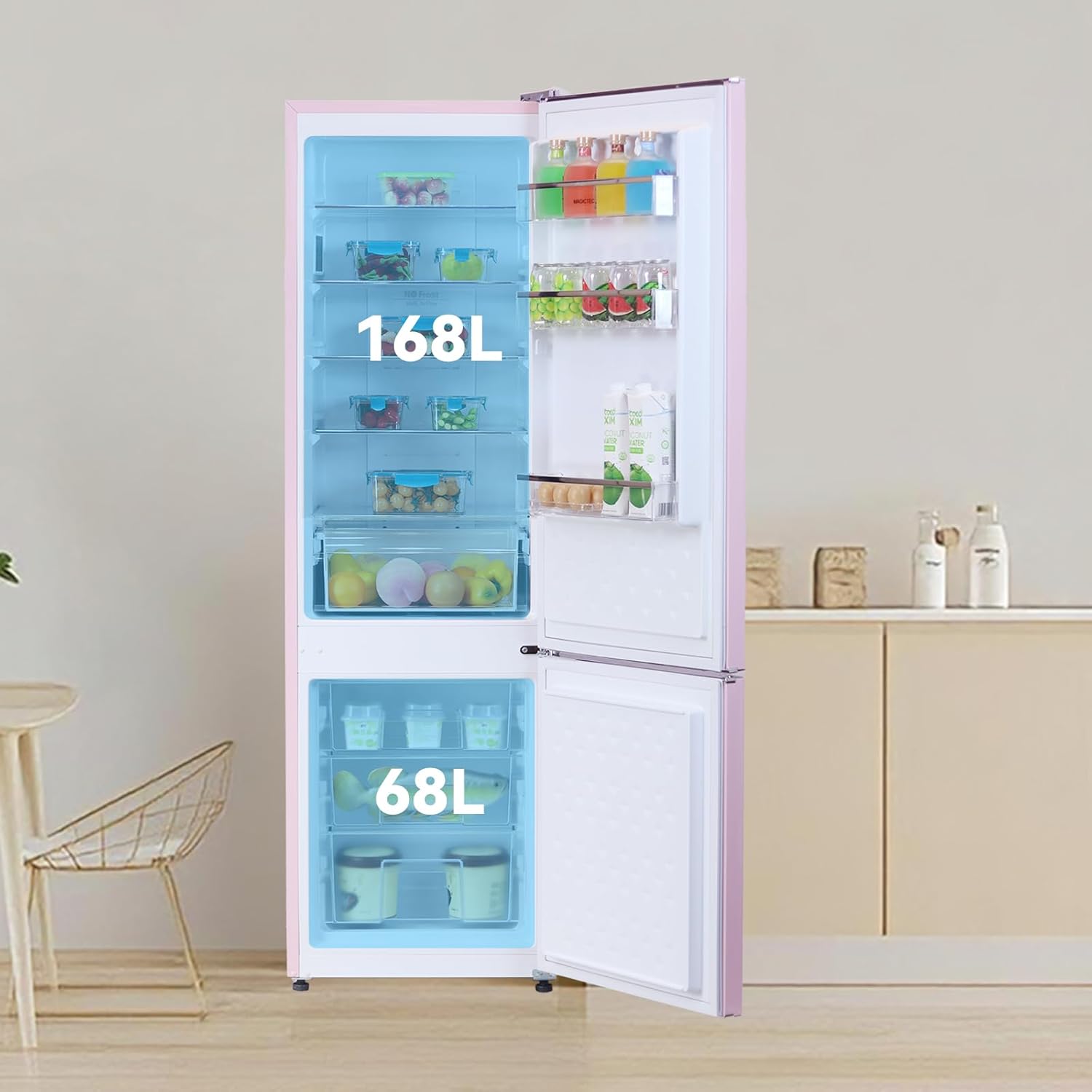 magictec Retro Kühlschrank Mit Gefrierfach Vintage 179cm,【Total No Frost Plus 】, 236L (168L/68L Gefrierfach) | Kühl Gefrierkombination Freistehend Retro | Elektronische Steuerung | Türalarm | Rosa