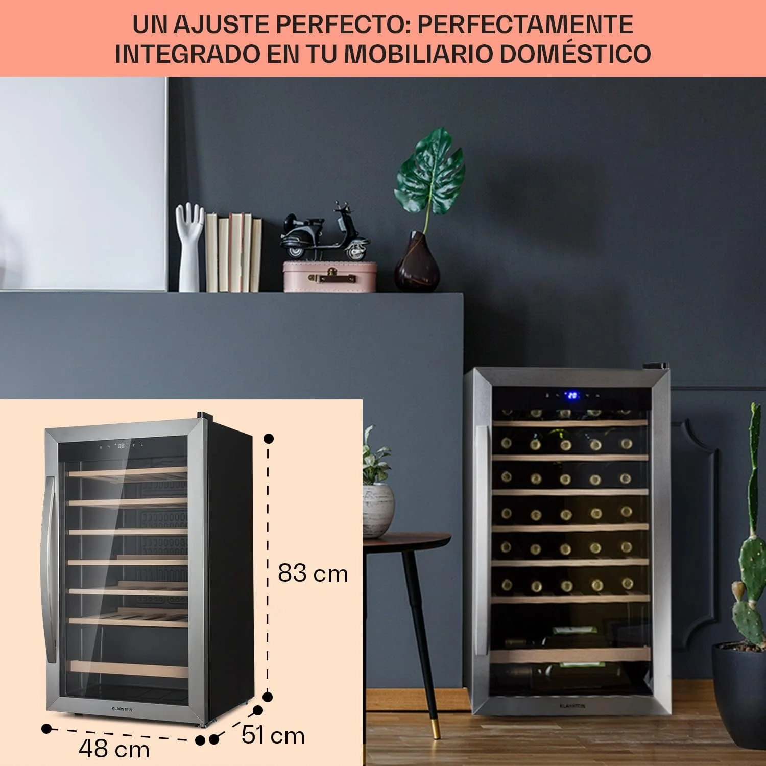 Klarstein Vinoteca 36 Botellas, Nevera Vinos, Una Zona de Refrigeración, Nevera Expositora Vino y Cerveza, Vinoteca Interior y Exterior con Puerta de Cristal, Nevera Vino con Protección UV, 4-18°C