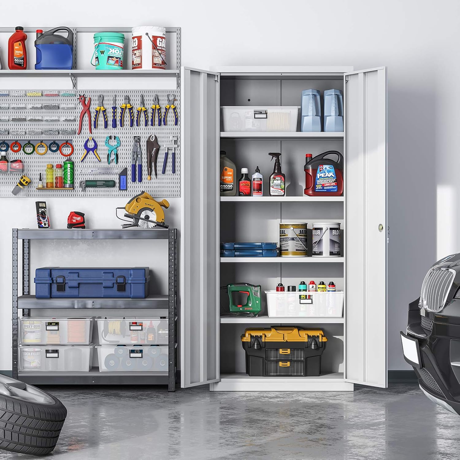 SONGMICS Aktenschrank, Mehrzweckschrank, Stahl-Aufbewahrungsschrank, 5 Ebenen, Doppeltüren, Schloss, Werkzeugschrank, verstellbare Ablagen, Garage, Büro, Wohnzimmer, grau OMC015G01