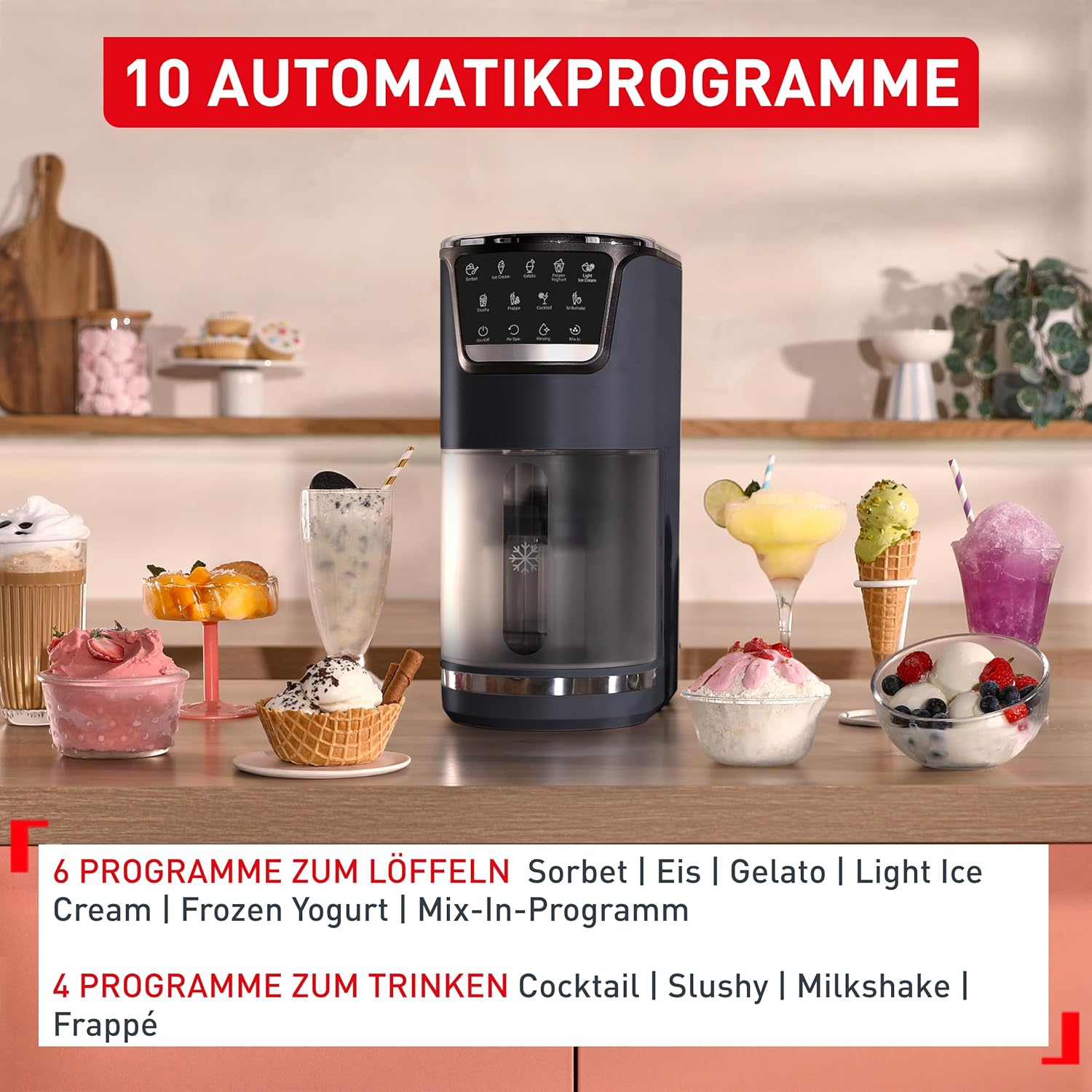 Tefal Dolci Eismaschine - 10 Programme für Eiscreme, Sorbet, Gelato  und  Frozen Yogurt, 1-Step-Perfector Technologie, inkl. 3x Tritan-Eisschüsseln, Mix-In-Funktion  und  automatisches Reinigungsprogramm