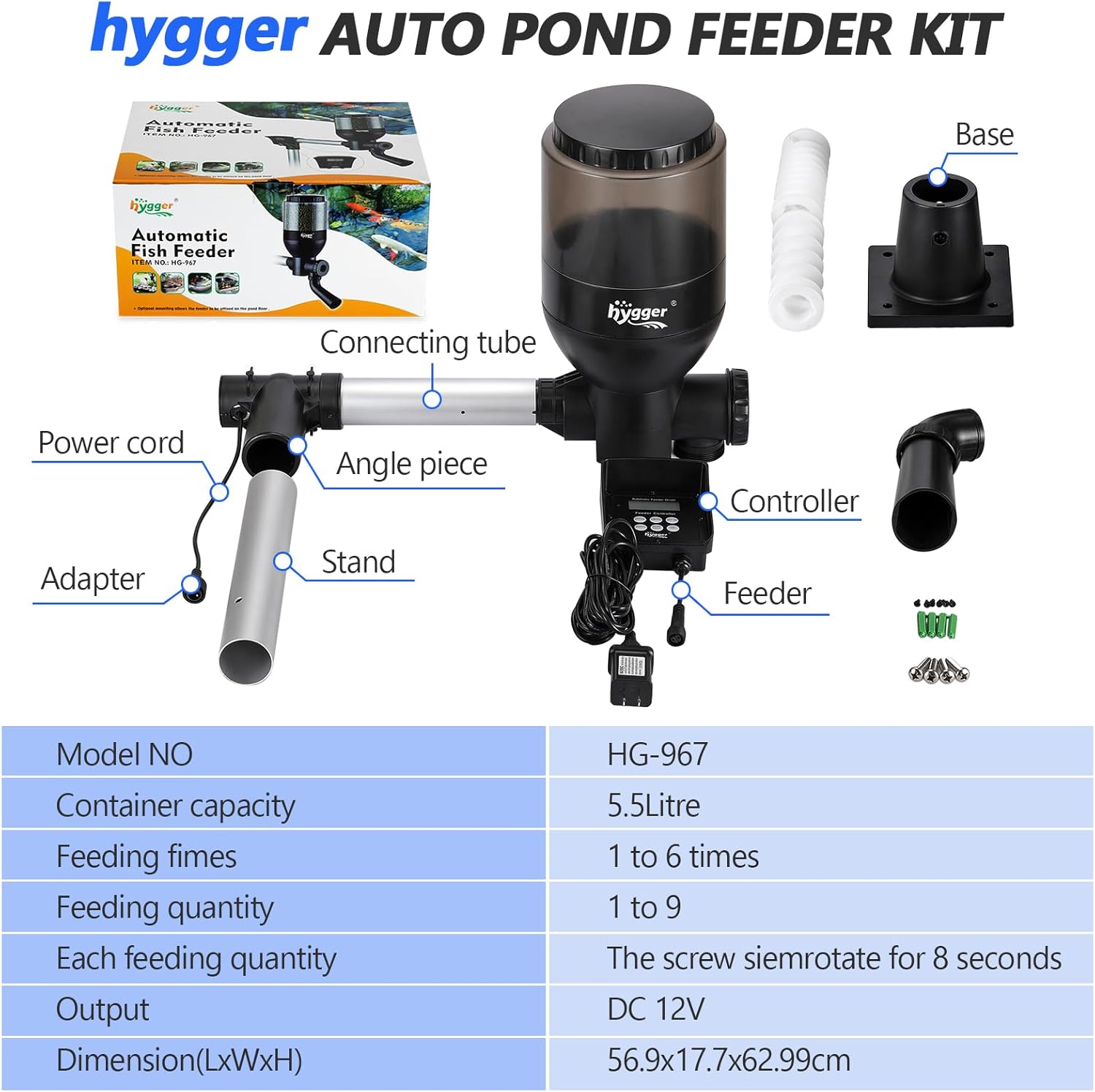 hygger Futterautomat Teich, Large Programmierbarer Fischfutterautomat Outdoor mit LCD Display Controller, Automatischer Fischfutterspender 5.5 Liters Fish Feeder Pond Koi for Weekend Holiday