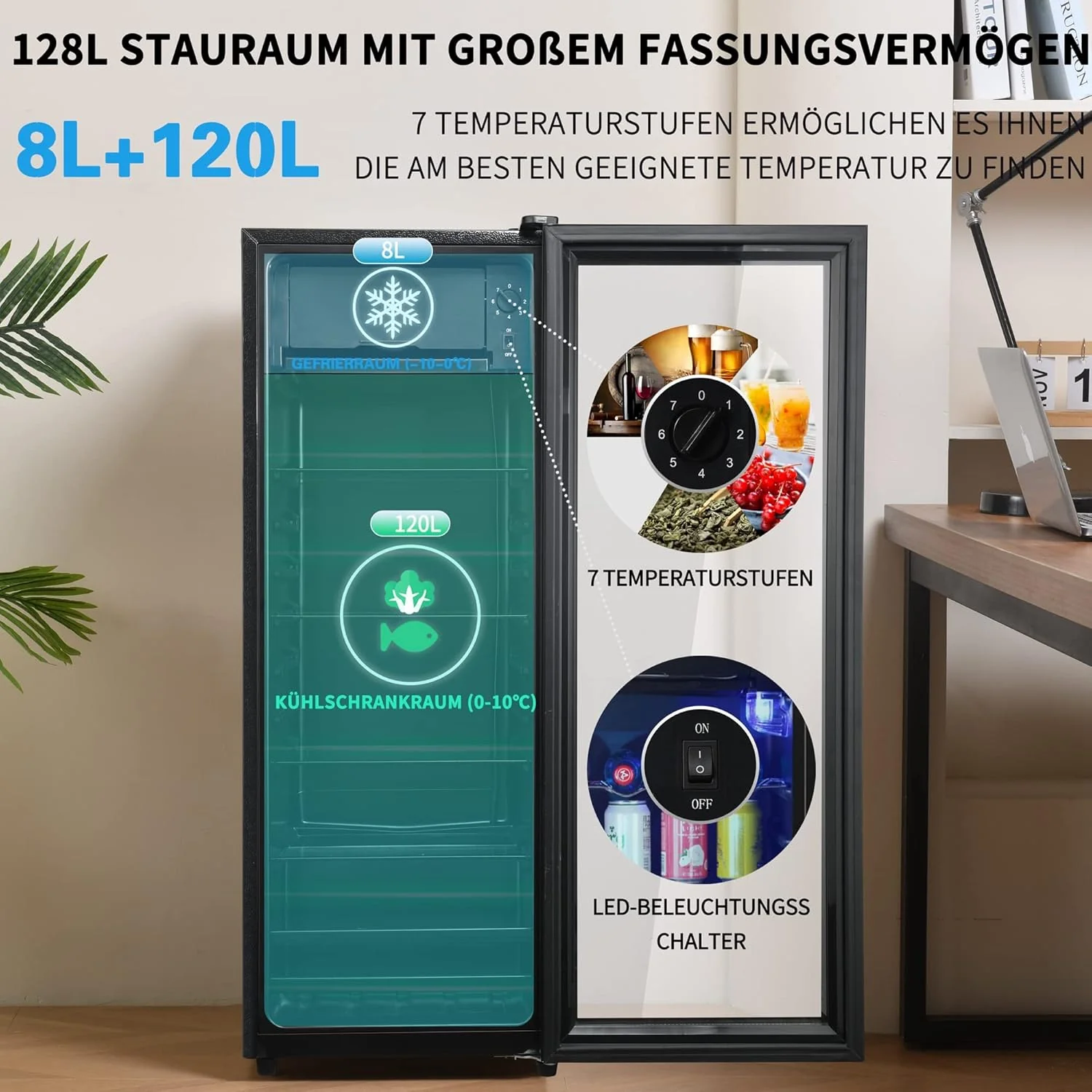 Merax Koelkast 128L, Vrijstaande Drankkoeler met 120L Koelruimte + 8L Vriezer, met LED Binnenverlichting en Verstelbare Legplanken, Superstil voor Restaurant, Bar, Drankjes en Bier