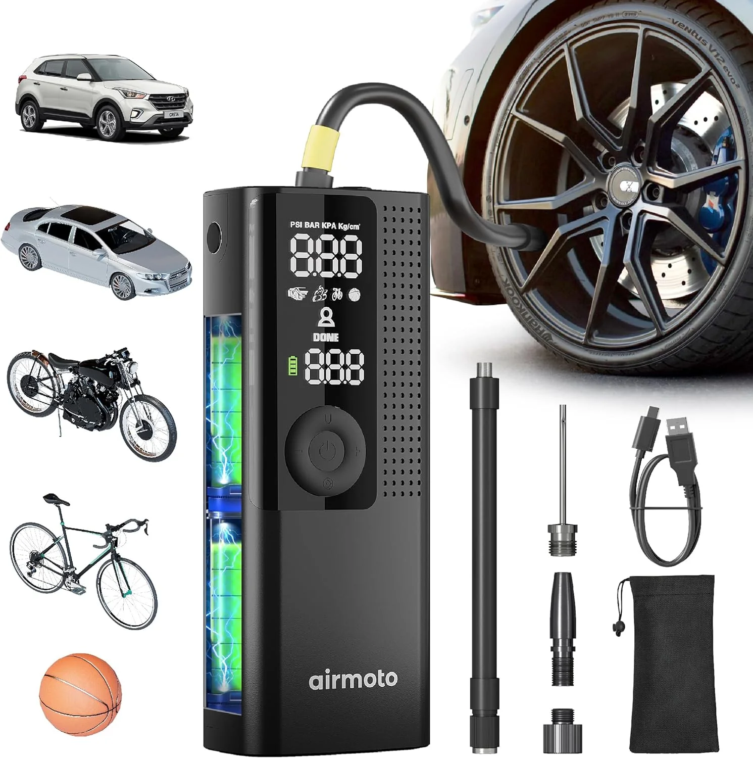 Airmoto Tire Inflator Portable Air Compressor Car Tire Air Pump with Digital Pressure Gauge. LED Light and Auto Shutoff