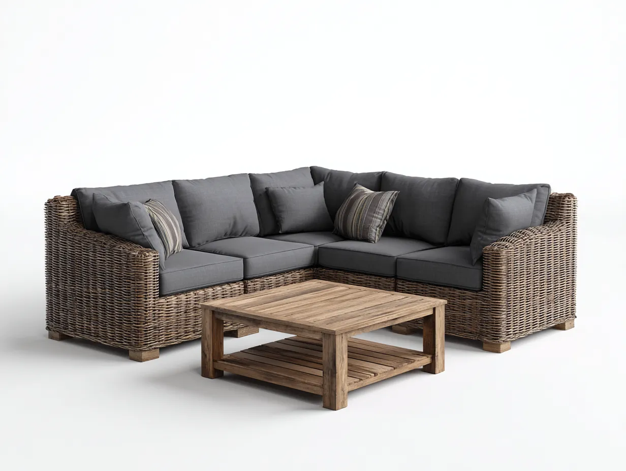 Gartensofa-Polyrattan-Holz-246 x 246 x 76 cm-Natur-Grau-Moderner Outdoor-Stil