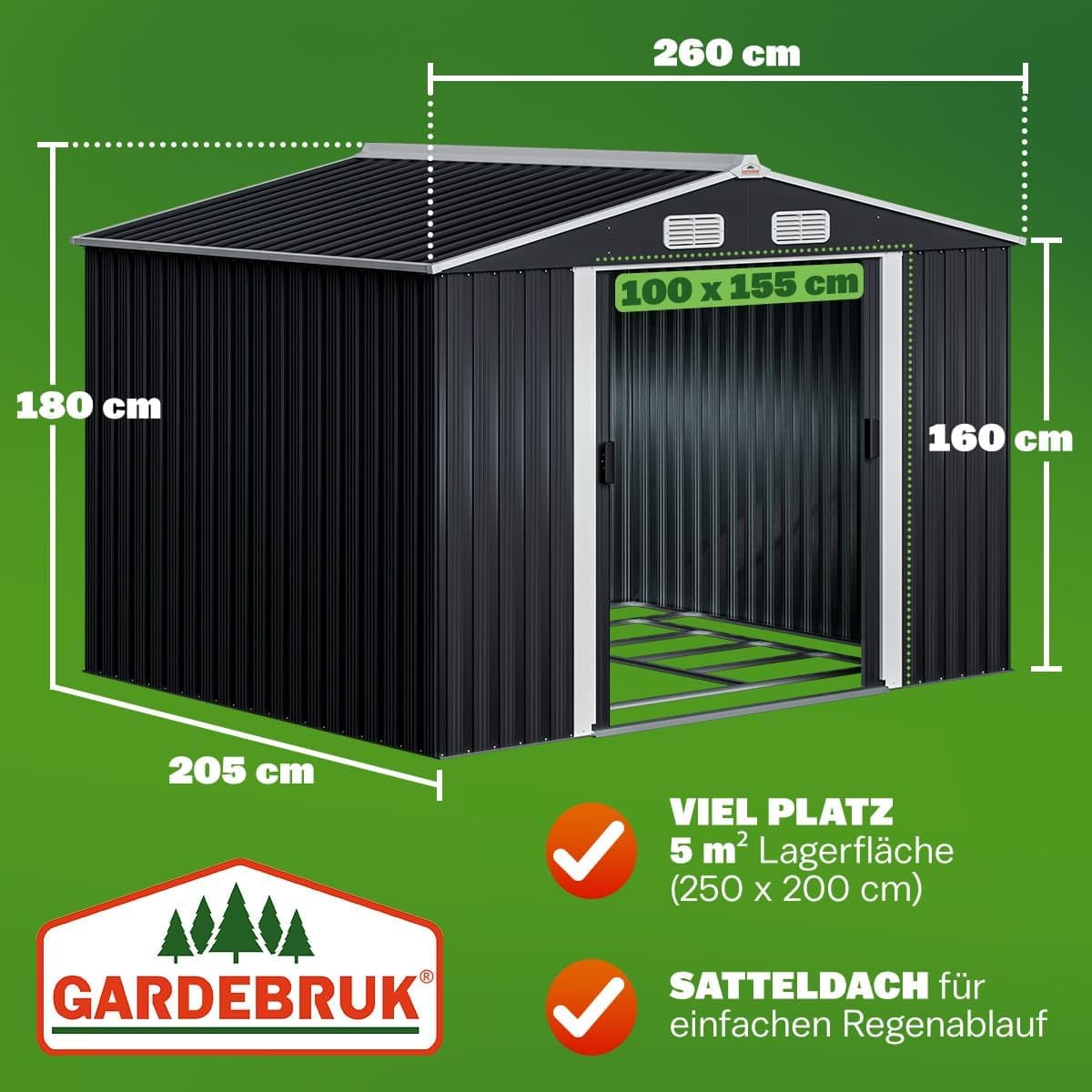 GARDEBRUK® XXL Metall Gerätehaus 5m² mit Fundament 257x205x178cm Schiebetür Anthrazit Geräteschuppen Gartenhaus 9m³