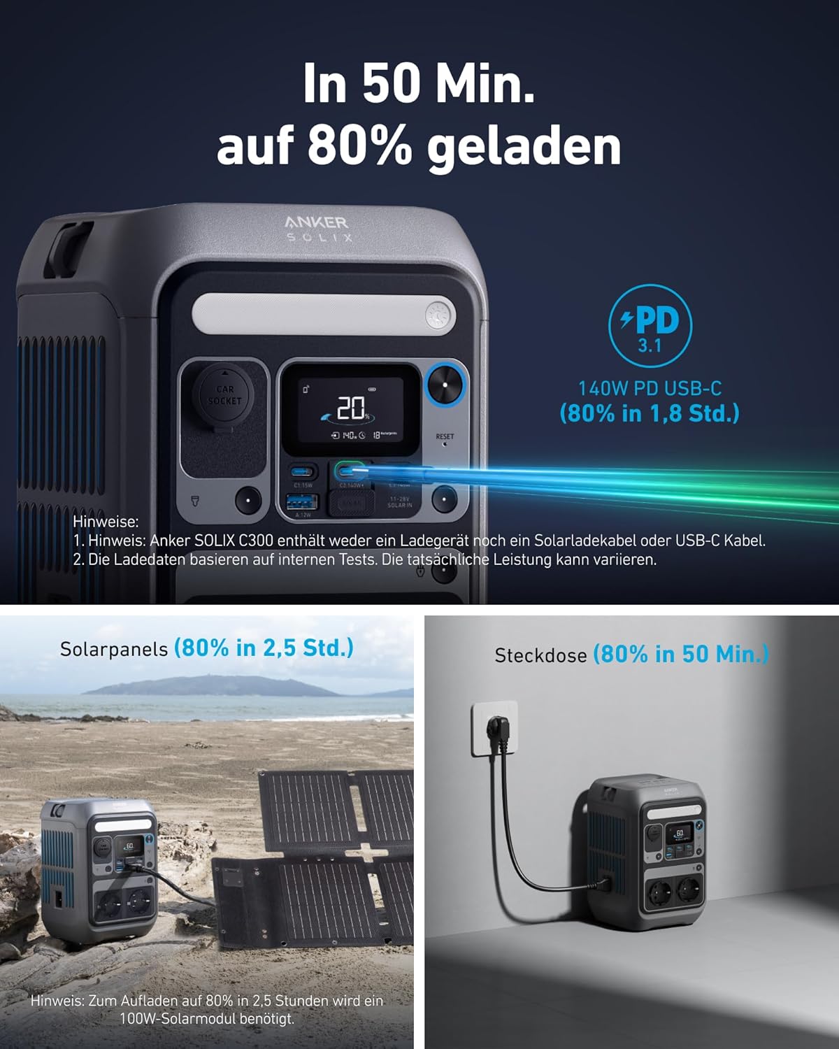 SOLIX C300 Tragbare Powerstation, 288Wh LiFePO4 Akku, 300W (Max 600W) Solargenerator, 140W Beiseitige Schnellladeleistung, Für Camping, Draußen, Reisen, Notfälle, unterwegs (Solarpanel Optional)