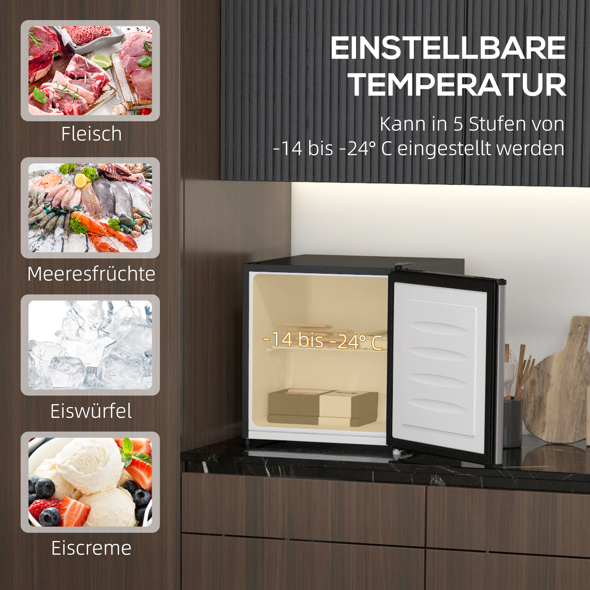 Mini-Vriezer, 35 L Minikoelkast, -14 tot -24��, 5-Staps Temperatuurregeling, 47 x 44,2 x 48,8 cm, Zilver