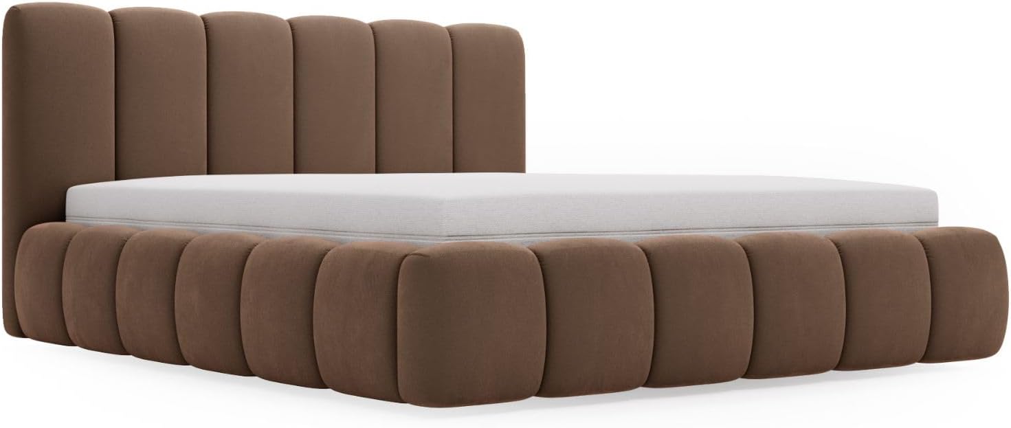 GRAINGOLD Cloud Bett 140x200, Polsterbett mit Bettkasten, Polsterbett mit Stauraum, Samt, mit Lattenrost, mit Kopfteil, ohne Matratze (Braun, 140x200)