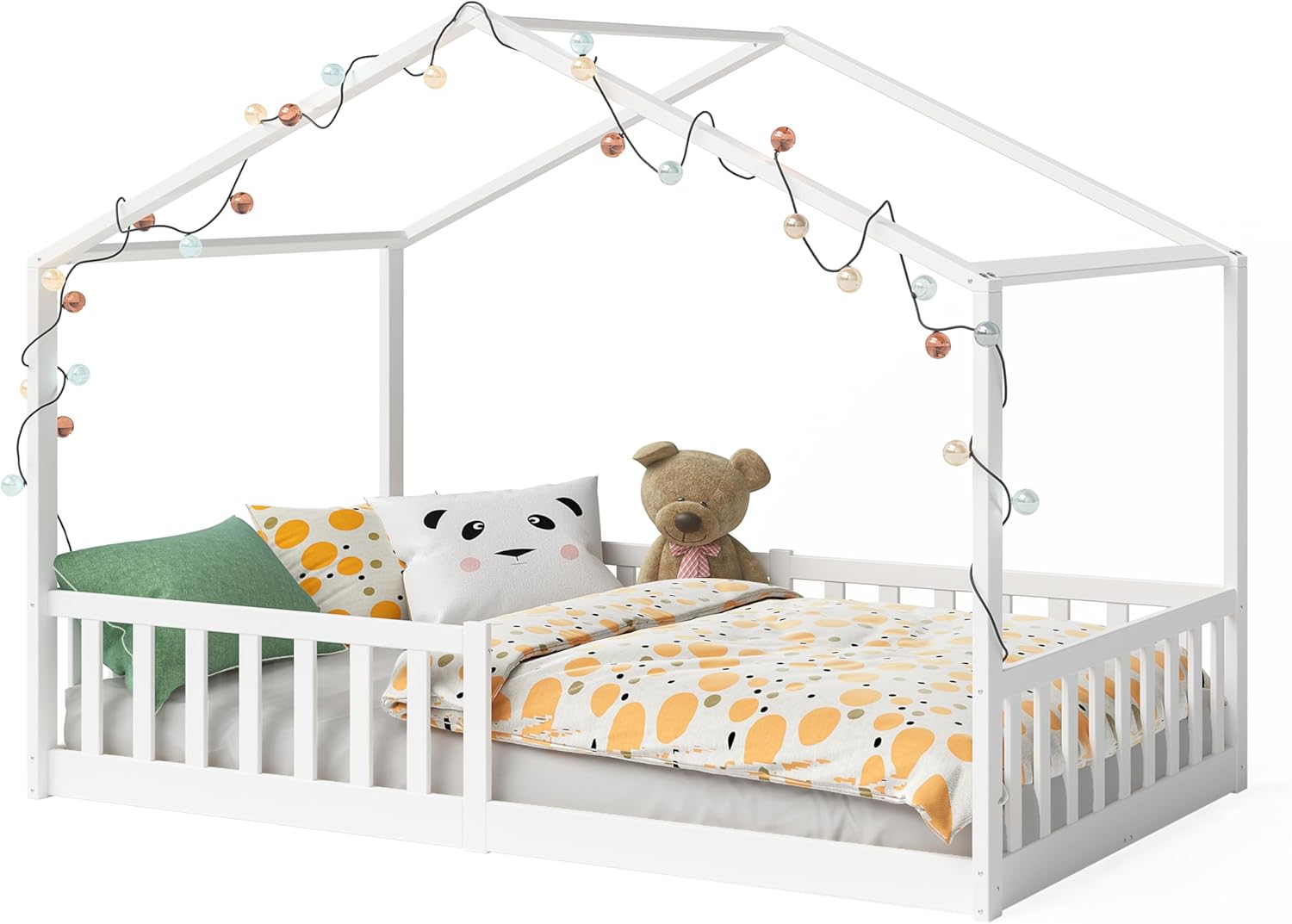 Bellabino Kinderbett Bia 140x200 cm, Hausbett Kinder inkl. Rausfallschutz und Rolllattenrost, Montessori Bodenbett weiß aus Massivholz Kiefer
