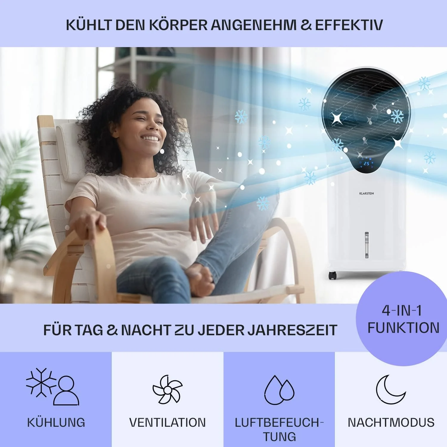 Klarstein Luchtkoeler met Waterkoeling, 3-in-1 Verdampingskoeler, Luchtbevochtiger & Ventilator, Mobiele Airconditioners Luchtkoeler met 5,5L Tank, 90W Air Cooler met Nachtmodus, 1600m3/u Luchtstroom