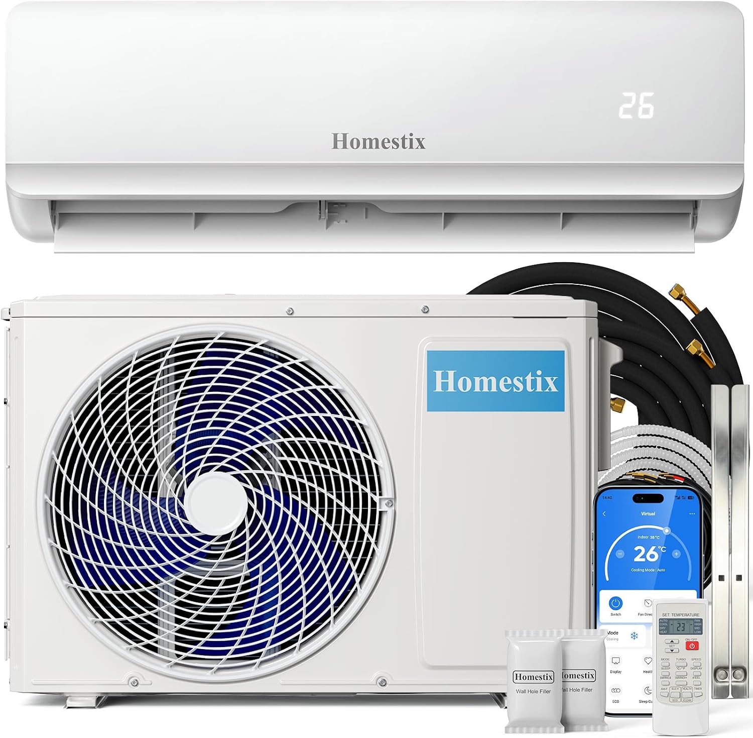 Split Klimaanlage 12000 BTU，4-in-1-Kältegerät mit Heizen, Kühlen, Entfeuchten und Lüften, bis75 m², ultraleise, Fernbedienung & APP, 24h-Timer/Schlaf/ECO-Energiesparmodus, inkl. Montagematerial