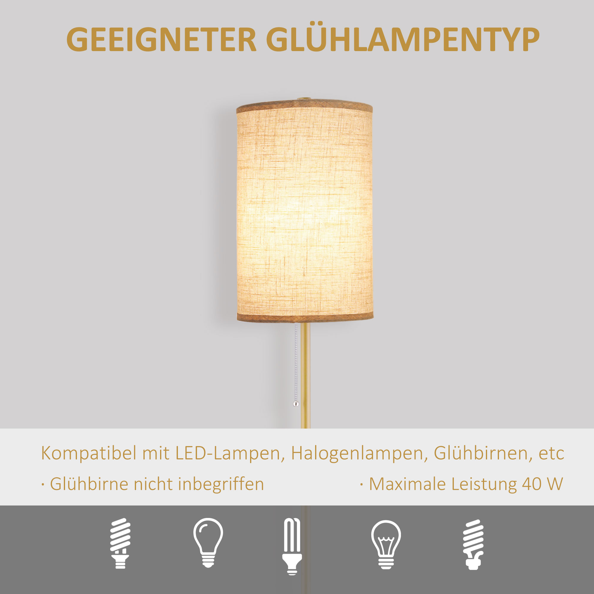 Staande Lamp, Elegante Staande Lamp van Staal met Stoffen Kap, Woonkamerlamp, Trekschakelaar, Goud+Wit