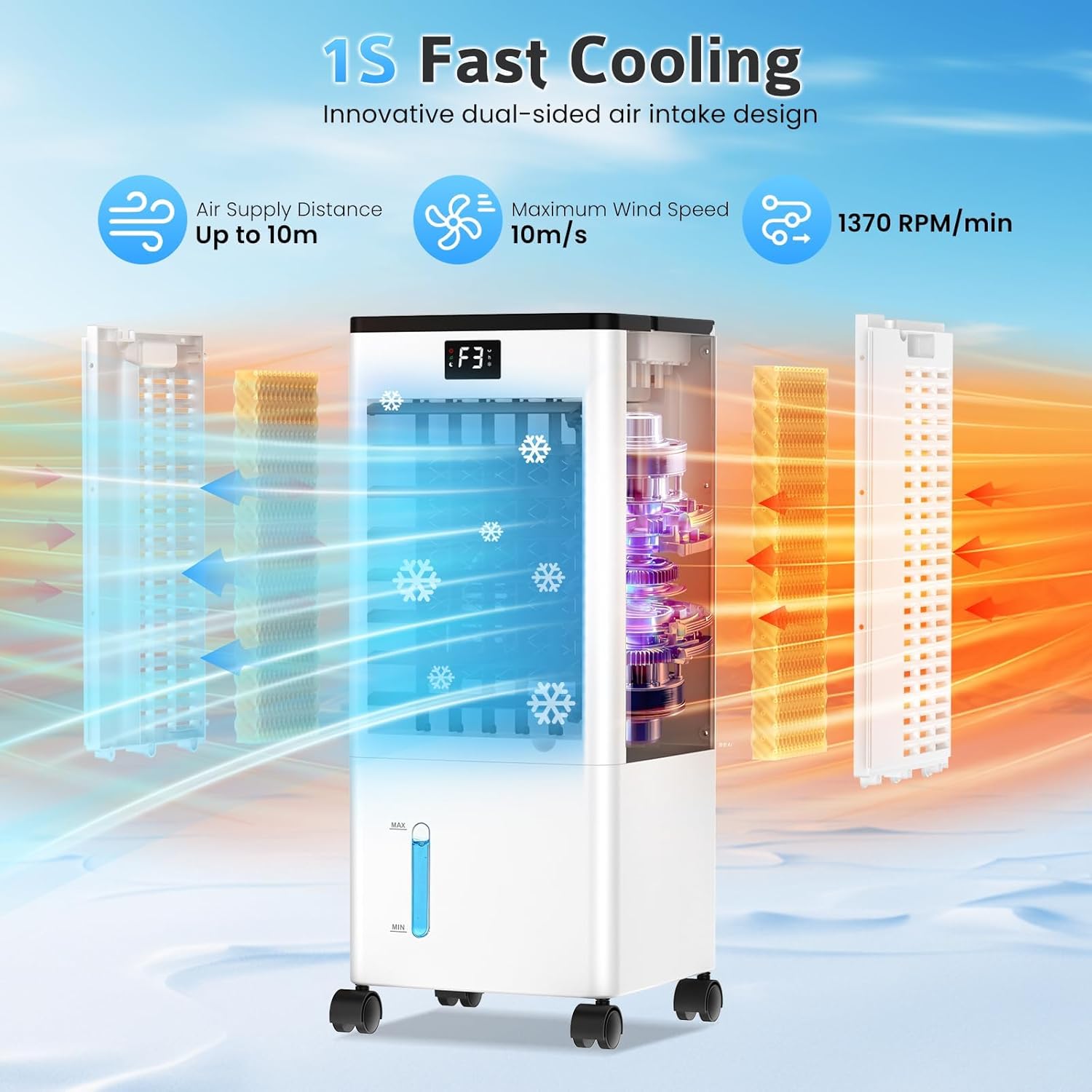 Aire Acondicionado Portátil sin Tubo, Enfriador de Aire Grande 4 en 1, 4 Modos 3 Velocidades, Climatizador Evaporativo 60W, Temporizadores de 1-12 H, con Control Remoto, 4 Ruedas para Hogar Oficina