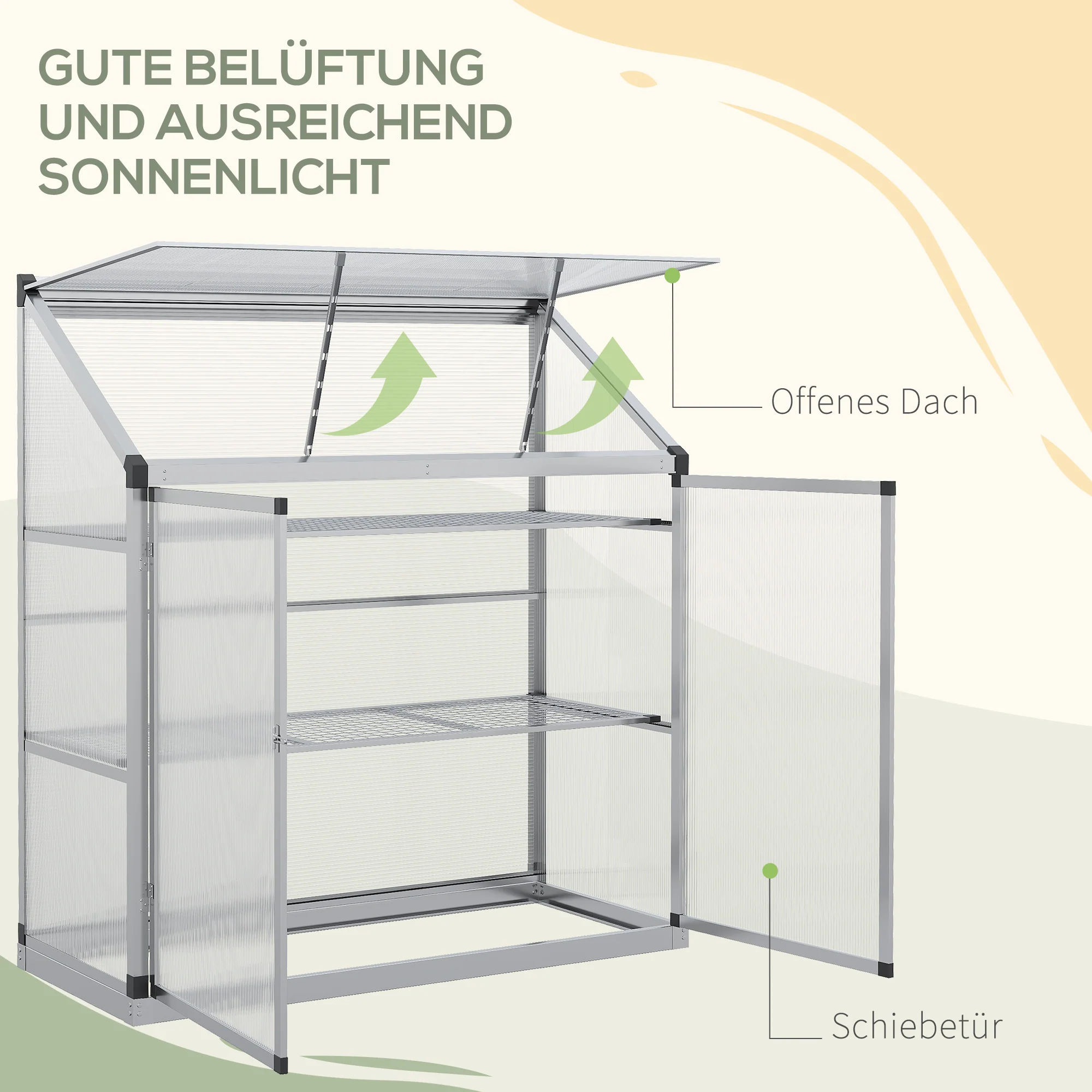 Outsunny serre met funderingsframe, behuizing van polycarbonaat, 2 planken, aluminium frame, 131 x 58 x 139,5 cm